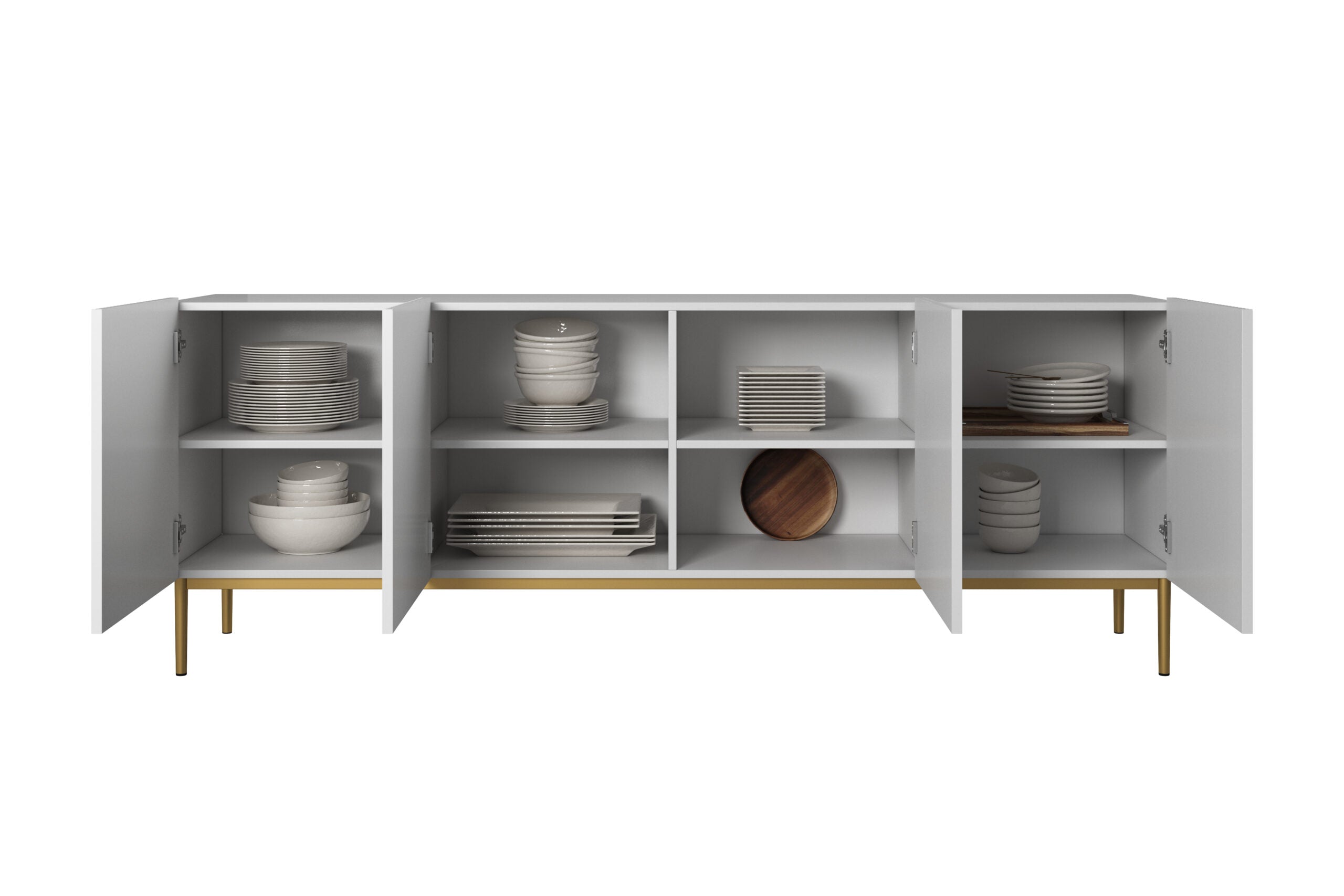 Comoda Nicole din pal, MDF si metal, cu 4 usi, 200 cm latime , Alb-Auriu Arboteca