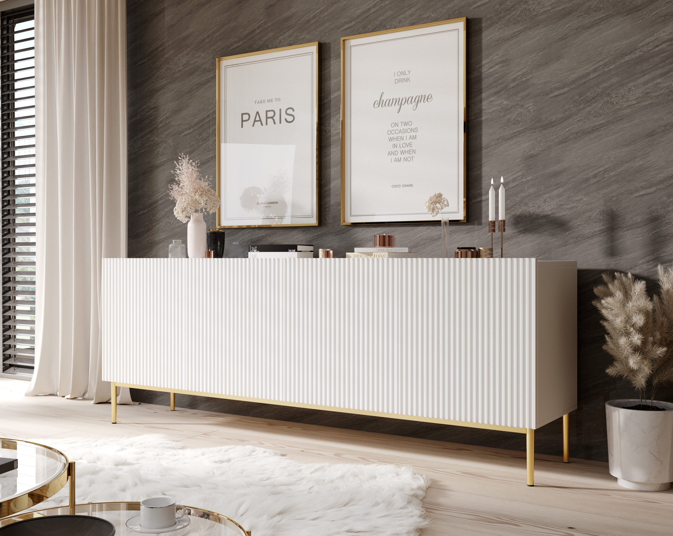 Comoda Nicole din pal, MDF si metal, cu 4 usi, 200 cm latime , Alb-Auriu Arboteca