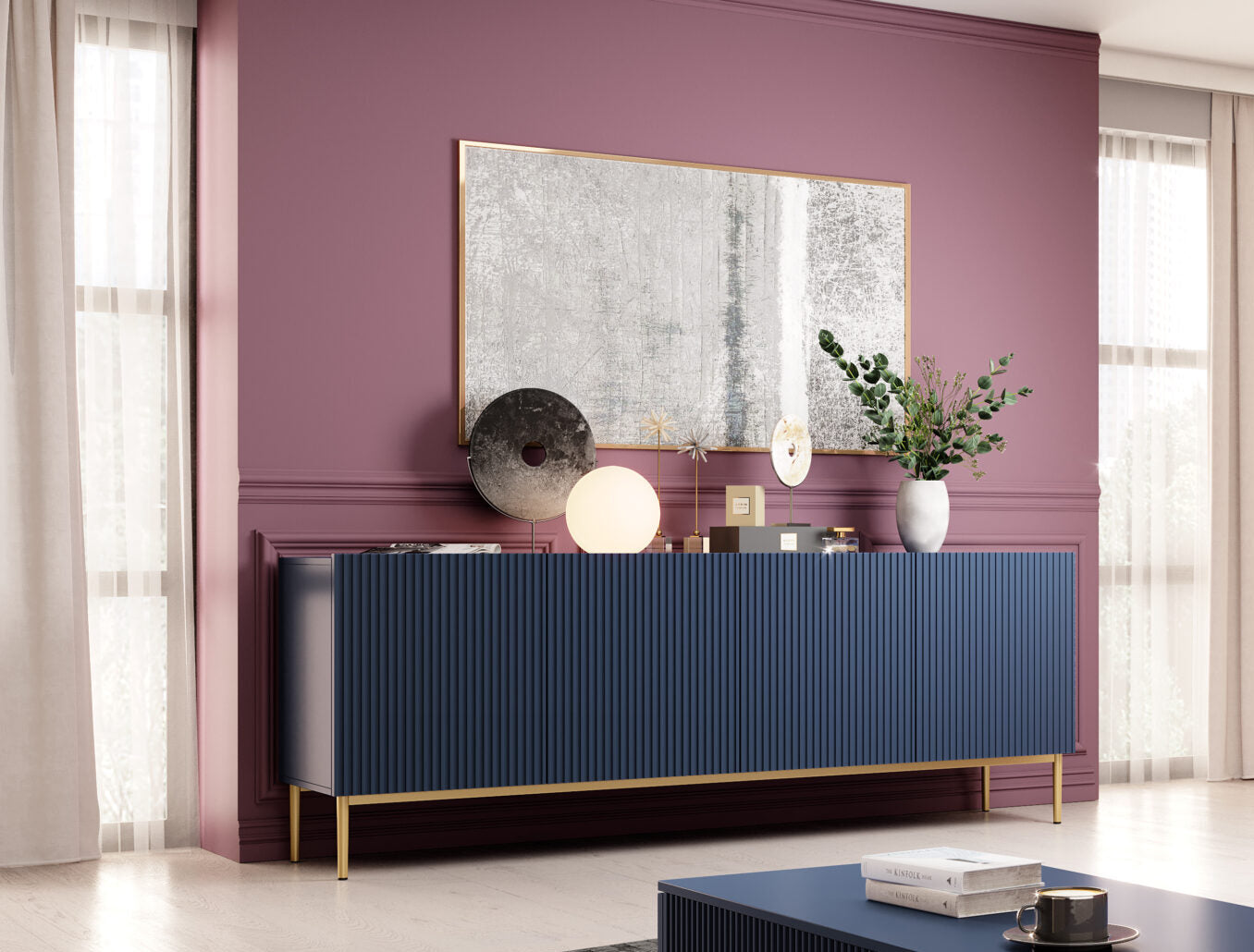 Comoda Nicole din pal, MDF si metal, cu 4 usi, 200 cm latime , Albastru-Auriu Arboteca