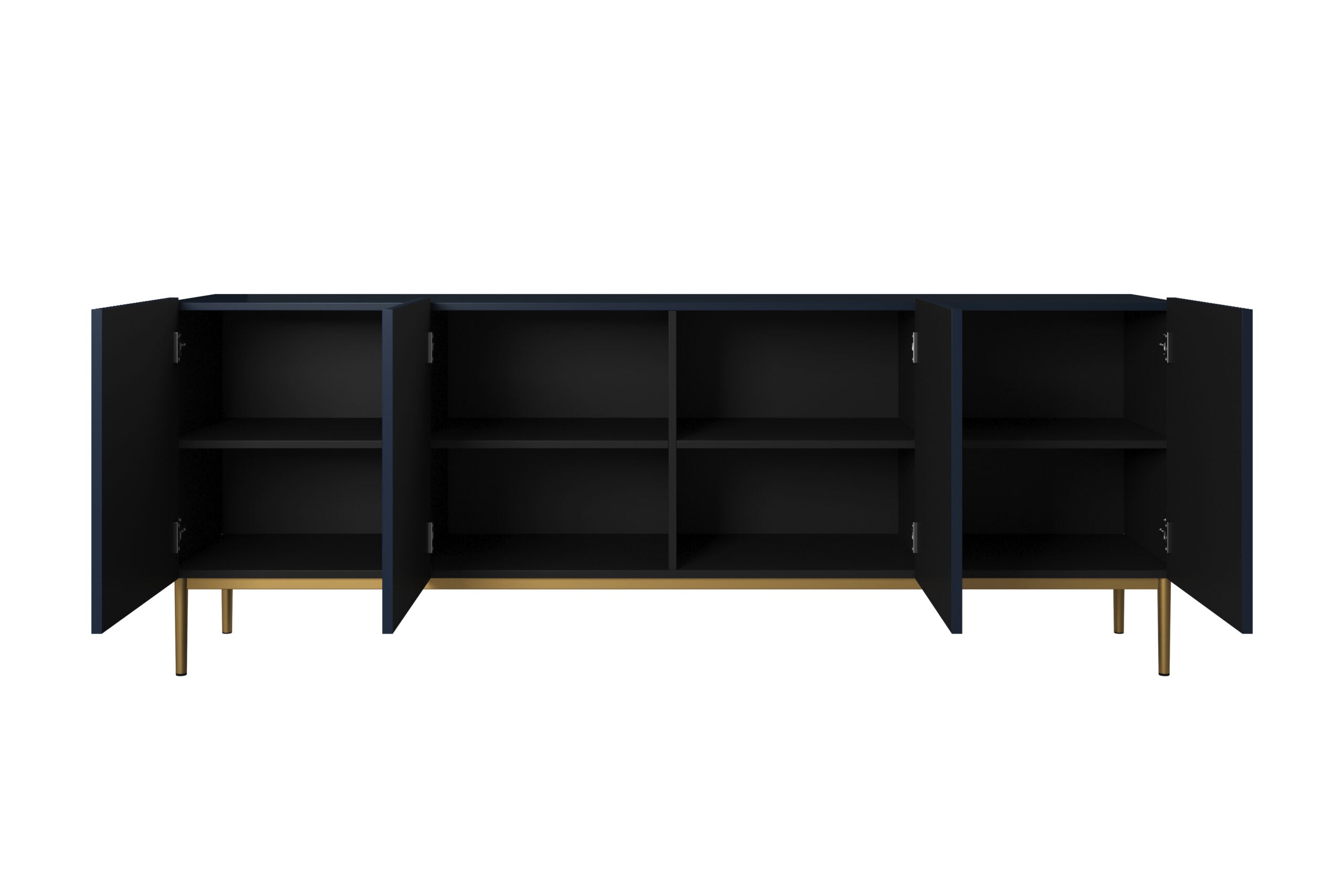 Comoda Nicole din pal, MDF si metal, cu 4 usi, 200 cm latime , Albastru-Auriu Arboteca