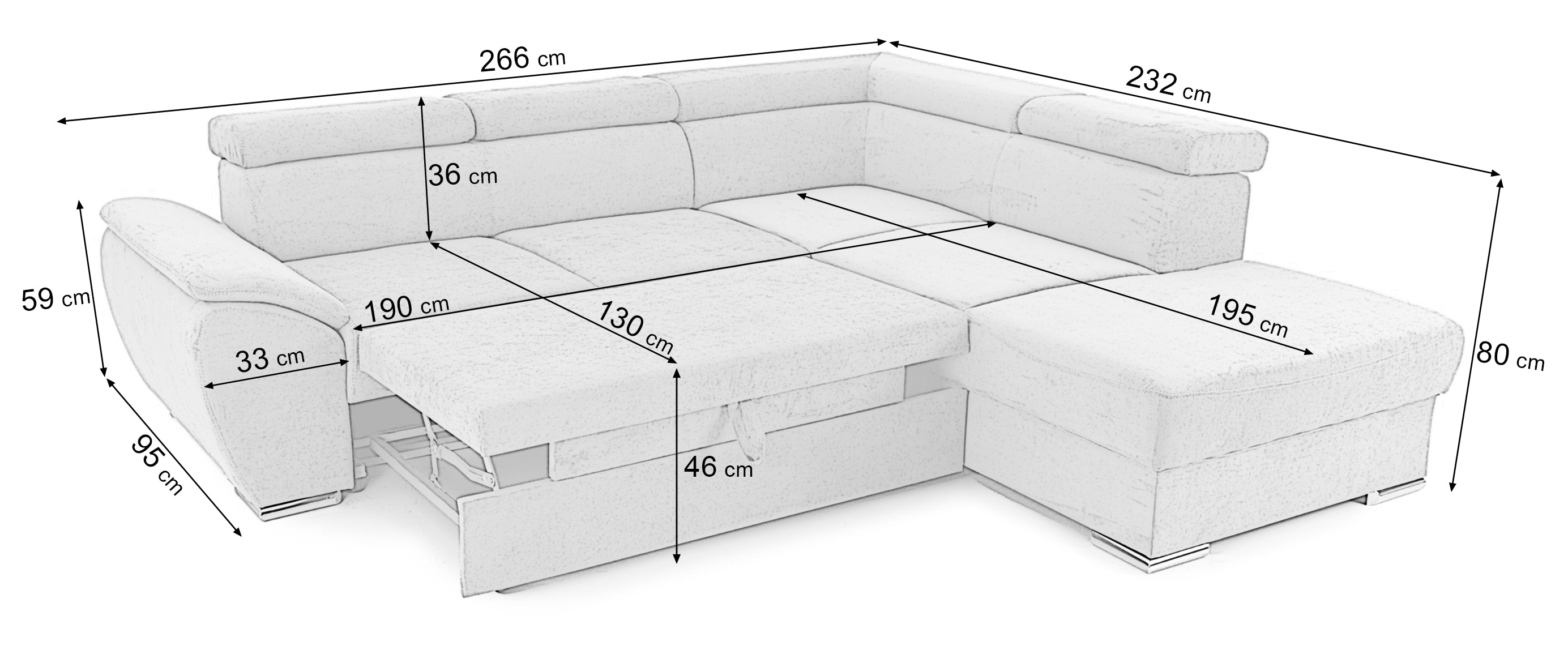 Colțar Extensibil CUBA, cu tetiere reglabile, variante stânga/dreapta 266x232x80 cm Prestige Home