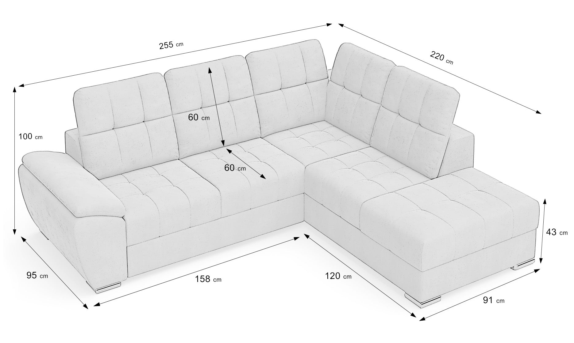 Colțar Extensibil ENZO, cu tetiere, variante stânga/dreapta, 255x220x100 cm Prestige Home
