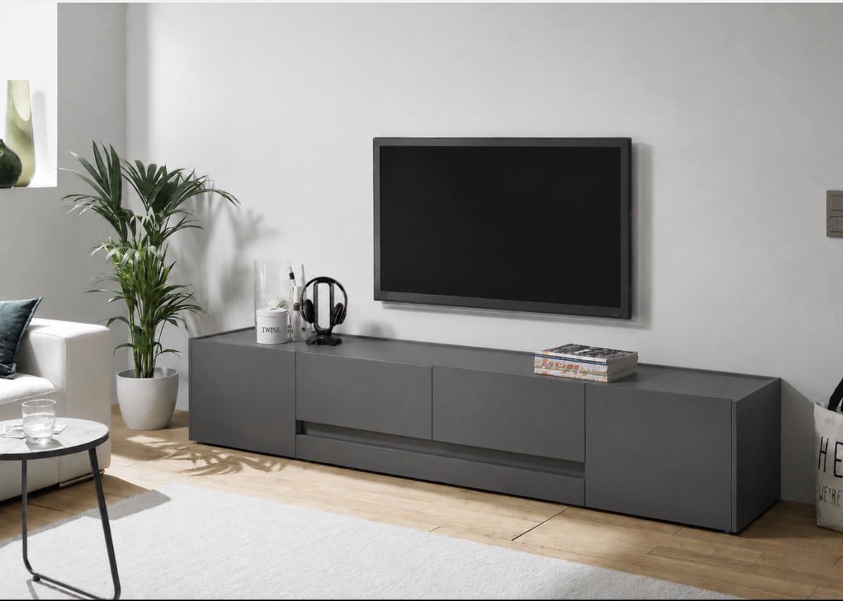 Comodă TV Giron 220 cm, gri, 2 uși și 2 sertare Arboteca