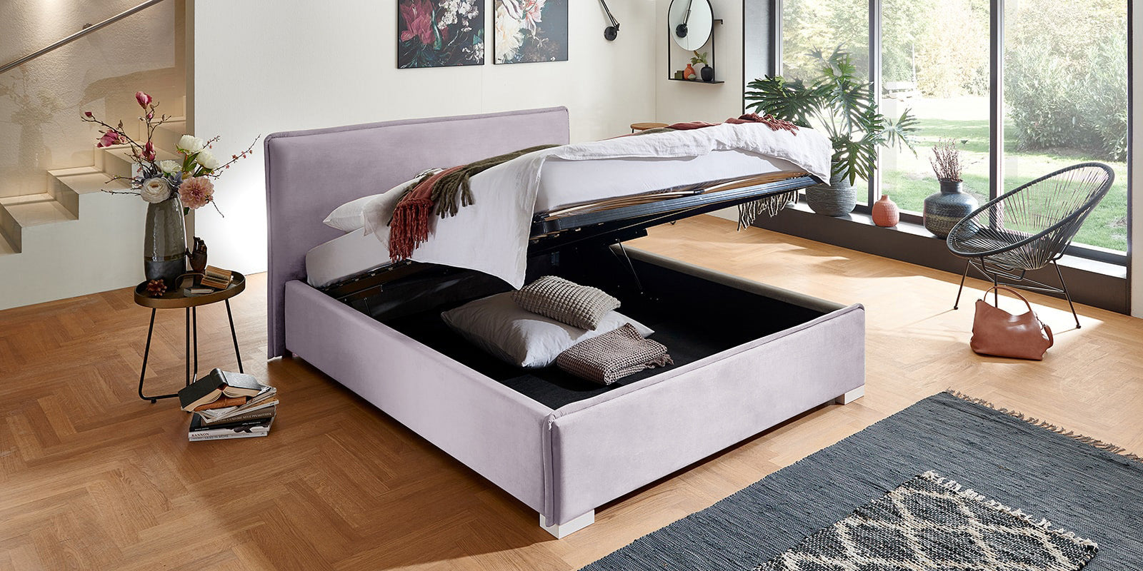 Pat Tapițat Nice, cu somieră rabatabilă și ladă de depozitare, Prestigehome.ro, Prestige, #Color_swing-violet