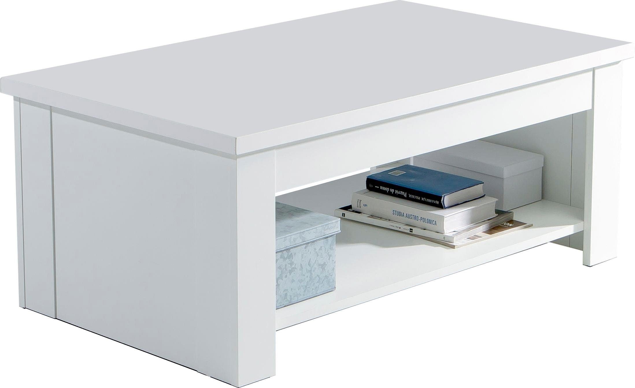 Măsuță de cafea reglabilă pe inaltime FORTE, alb lucios, cu raft, 110×65 cm Arboteca