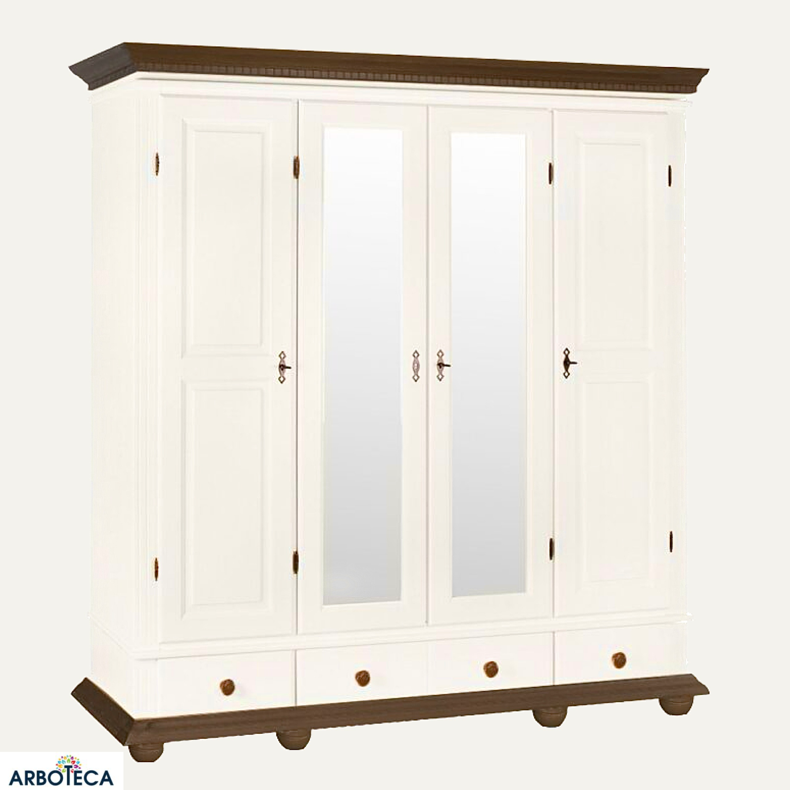 Dulap cu patru usi Bavaria din lemn masiv, Alb-Nuc Arboteca