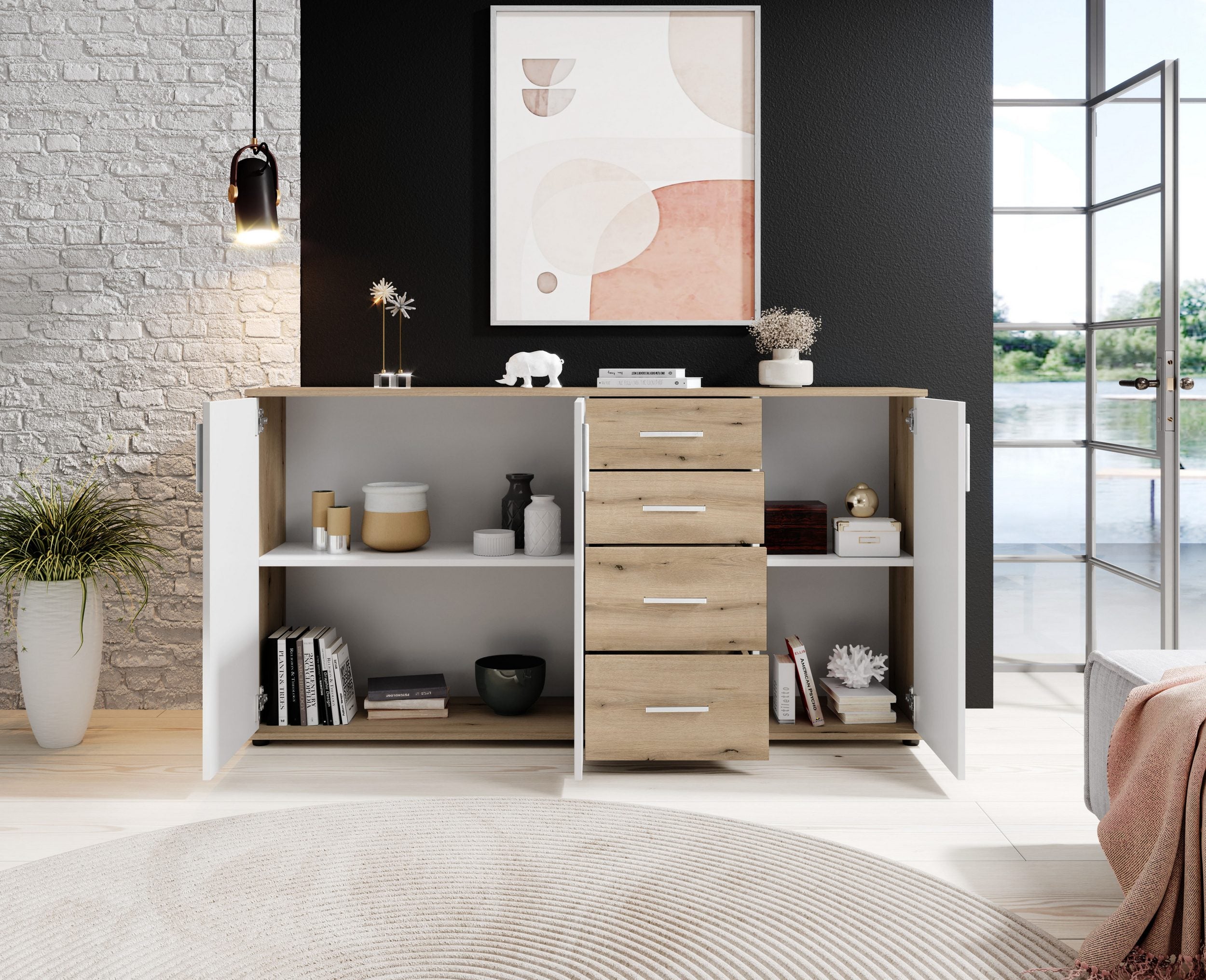 Comodă cu 3 uși și 4 sertare, Stejar Rustica / Alb, 160×84 cm Arboteca