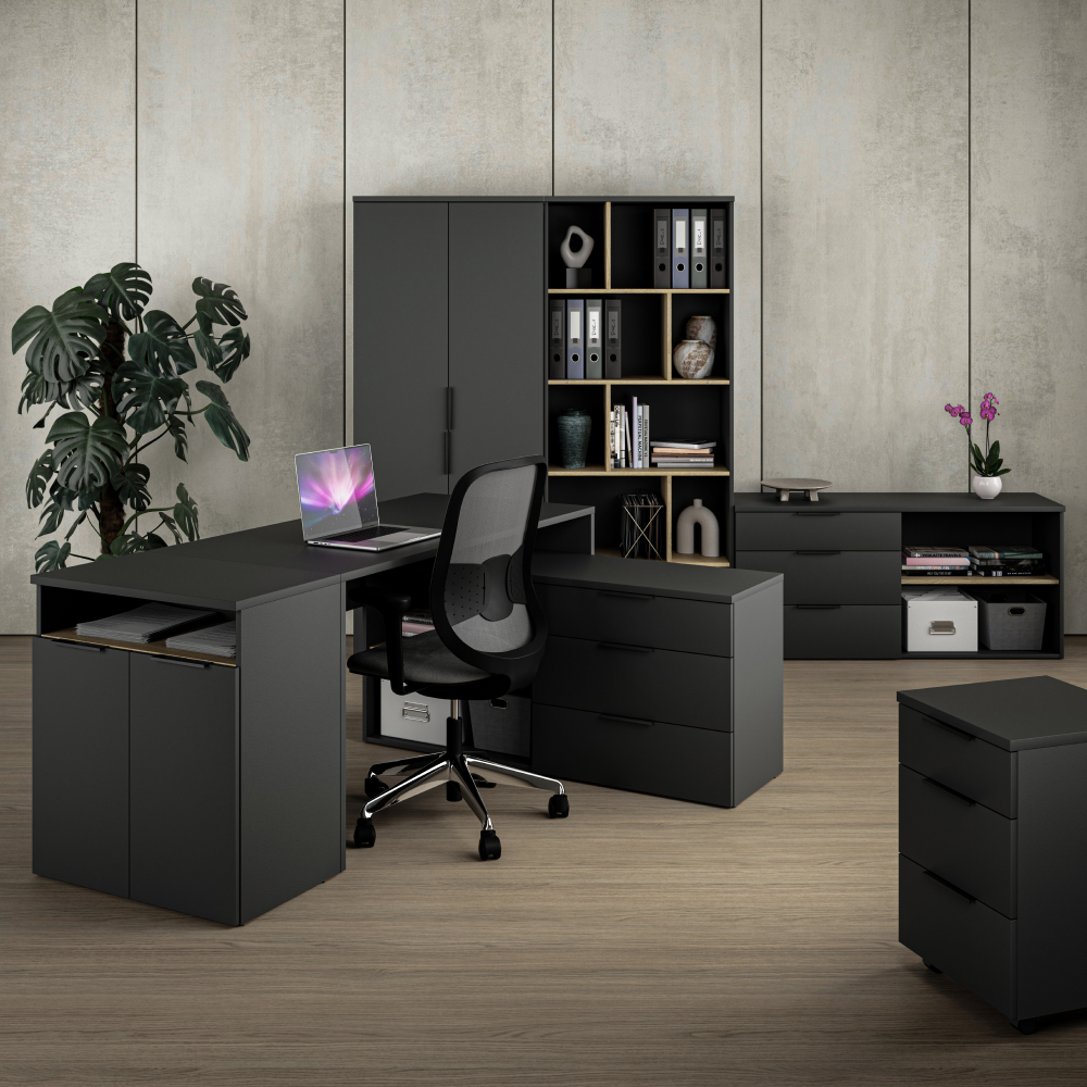 Comodă ADAPO, antracit/stejar cremona, 3 sertare, 130 cm Kondela