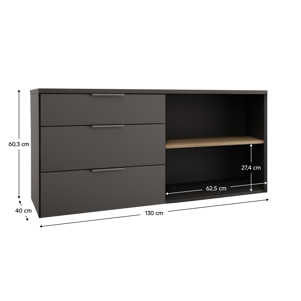 Comodă ADAPO, antracit/stejar cremona, 3 sertare, 130 cm Kondela