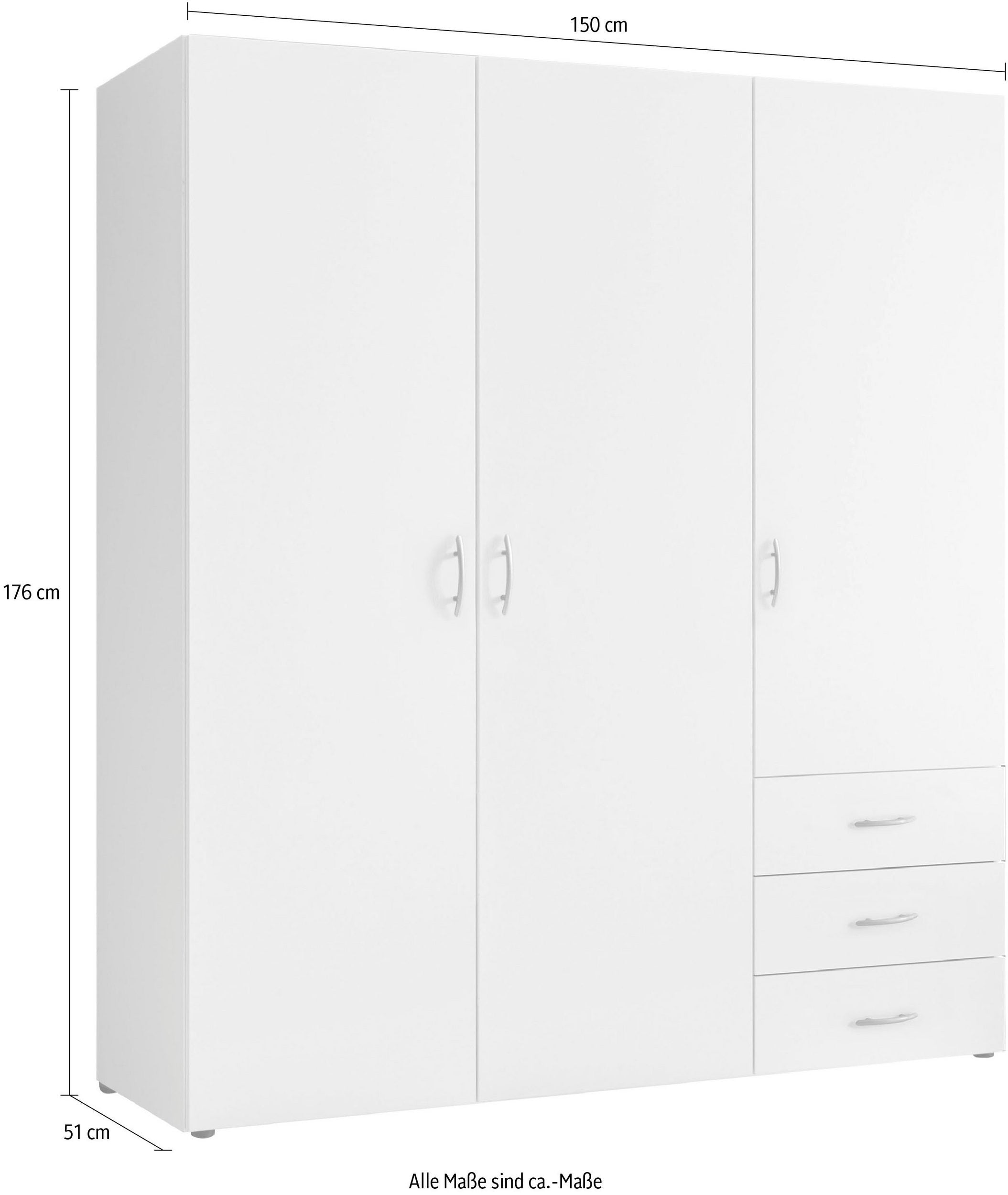 Dulap adancime mica Harry, 150x176 cm, alb, 3 uși rotative, 3 sertare, PAL melaminat Arboteca