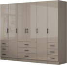 Dulap Trento cu 6 uși și 9 sertare, gri nisip lucios, 240×200×56 cm Arboteca