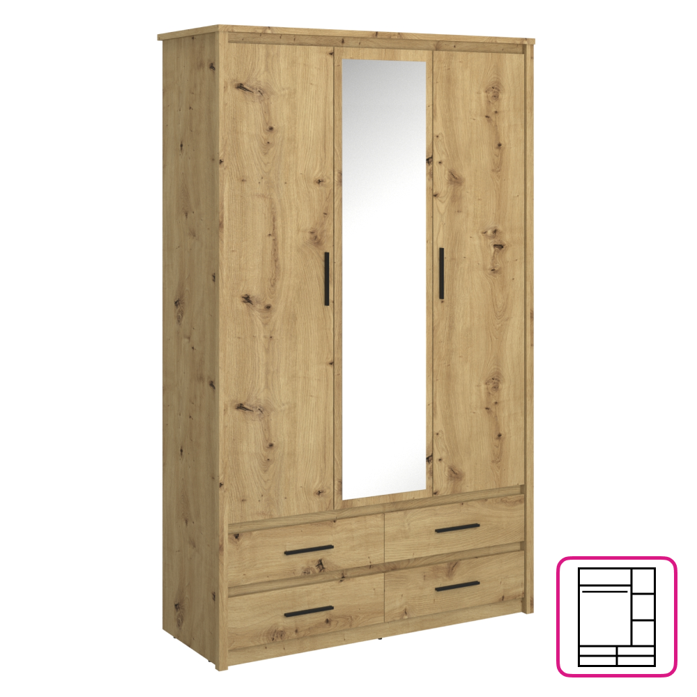 Dulap cu oglindă 3D4S, stejar Artisan, AIRON Kondela