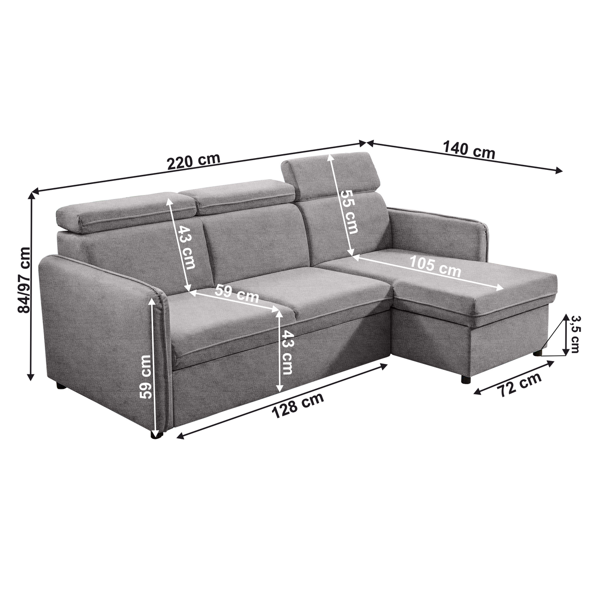 Canapea extensibilă LECCO B, gri deschis, 220x140x84 cm Kondela