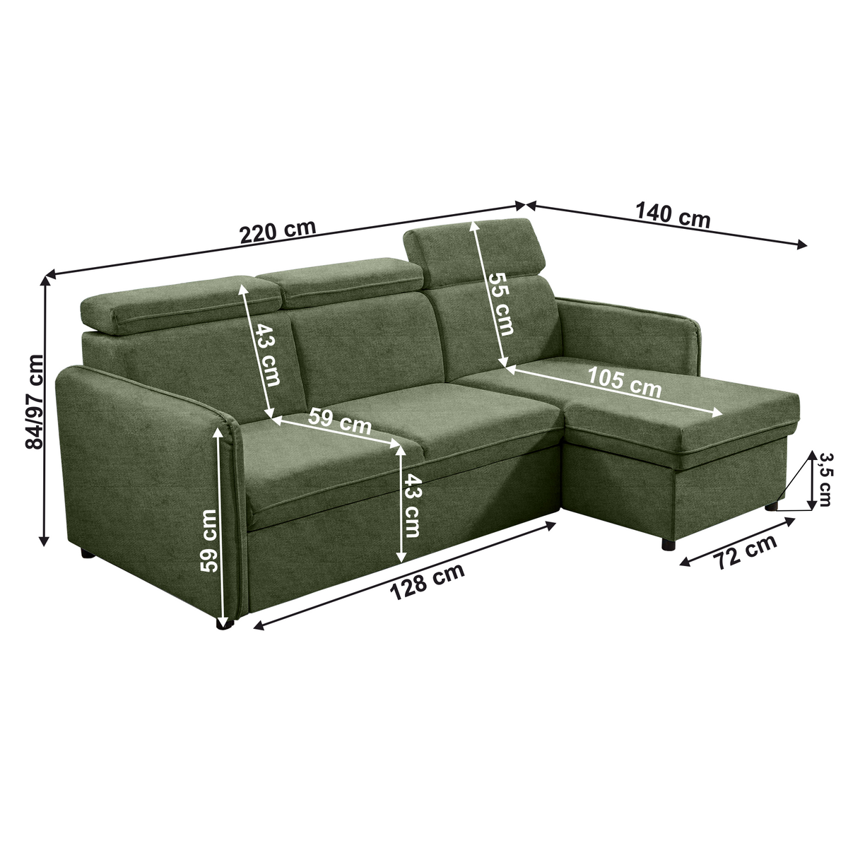 Canapea extensibilă LECCO B, verde, 220x140x84 cm Kondela