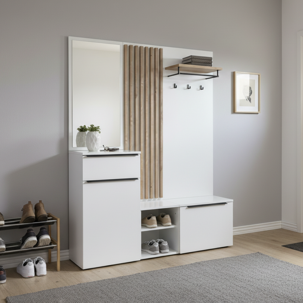 Set de hol NETTUNO, alb extra lucios /stejar artisan, 150x38.2x190 cm Kondela