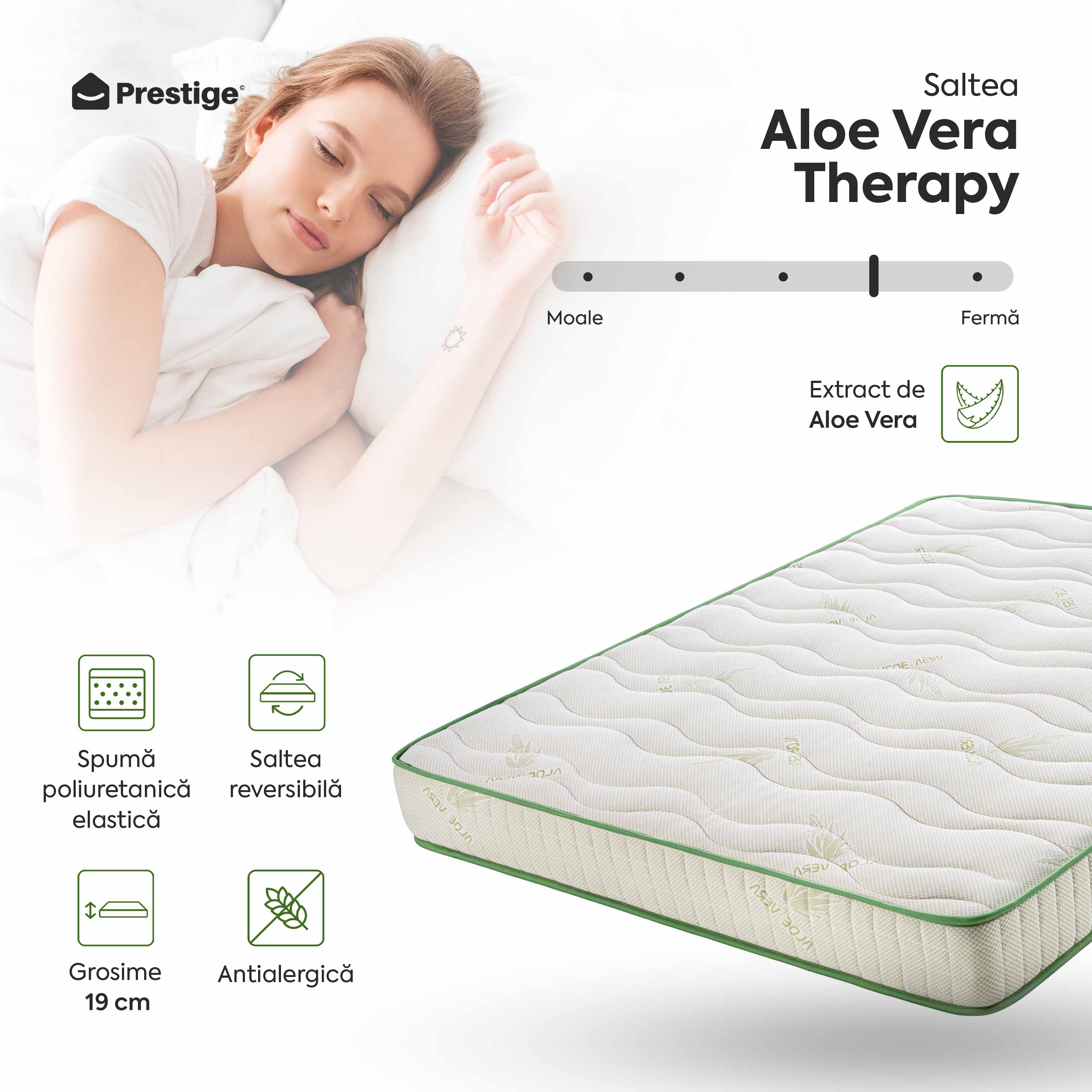 Saltea ALOE VERA THERAPY, spumă poliuretanică, reversibilă, hipoalergenică, super ortopedică, Grosime 19 cm   - Prestige Home 