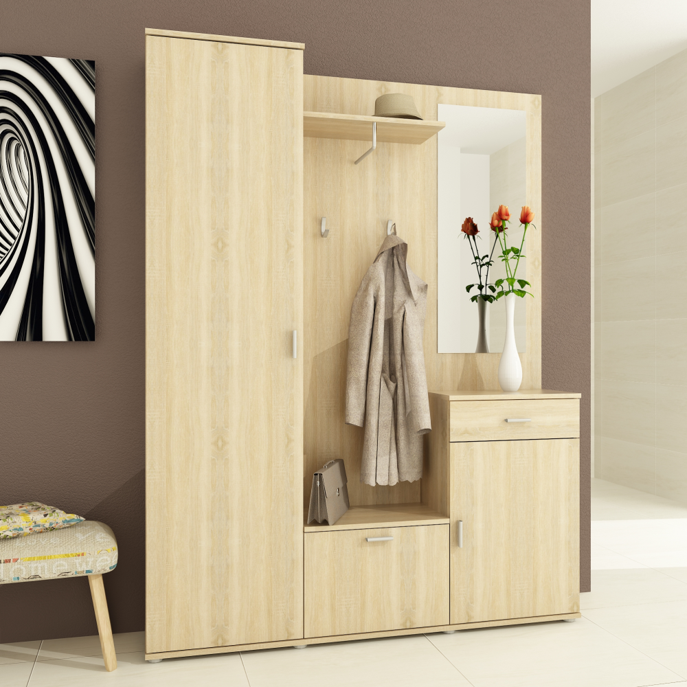 Set mobilier hol AMALIA, stejar sonoma, cu oglindă și cuier, 144x188 cm Kondela