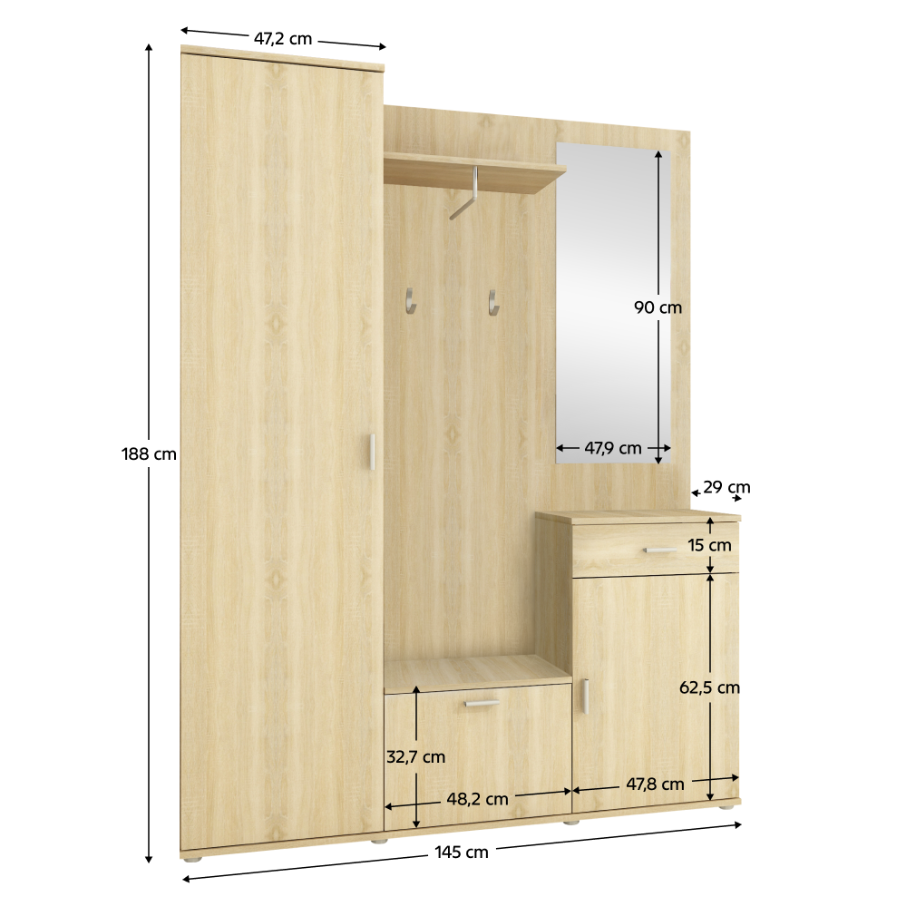 Set mobilier hol AMALIA, stejar sonoma, cu oglindă și cuier, 144x188 cm Kondela