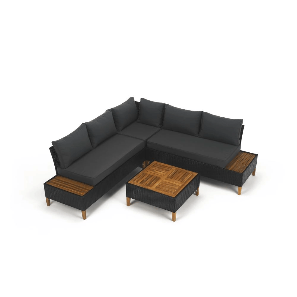 Set Grădină Modular MALKOM 4 Piese | Ratan Tehnic + Lemn Salcâm Masiv | Canapea Colț + Măsuță Kondela
