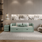 Pat extensibil ANTONY, verde-gri, 90/180x200 cm, cu sertare Kondela