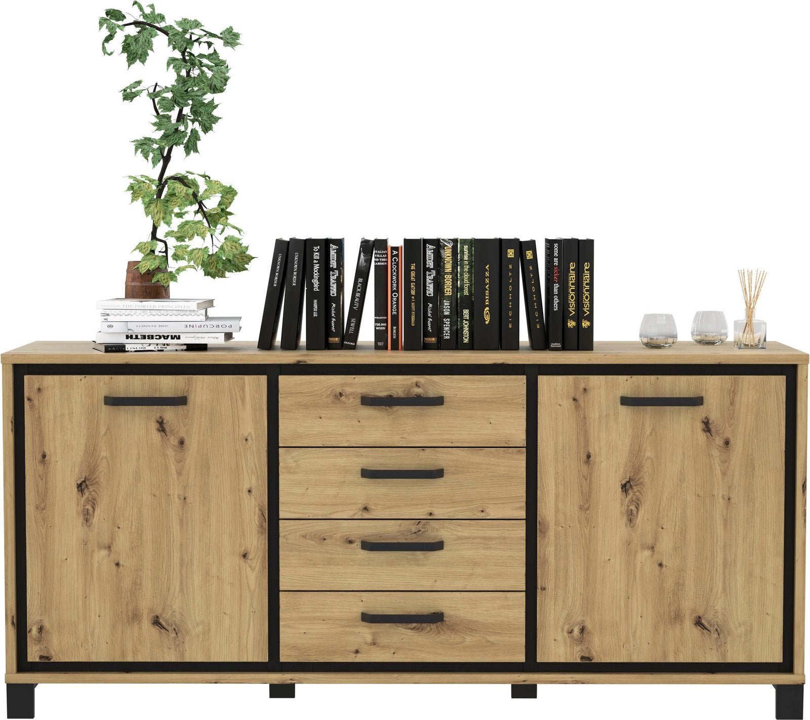 Comodă Sideboard Trondheim cu 2 uși și 4 sertare, negru stejar artisan, 178 cm Arboteca