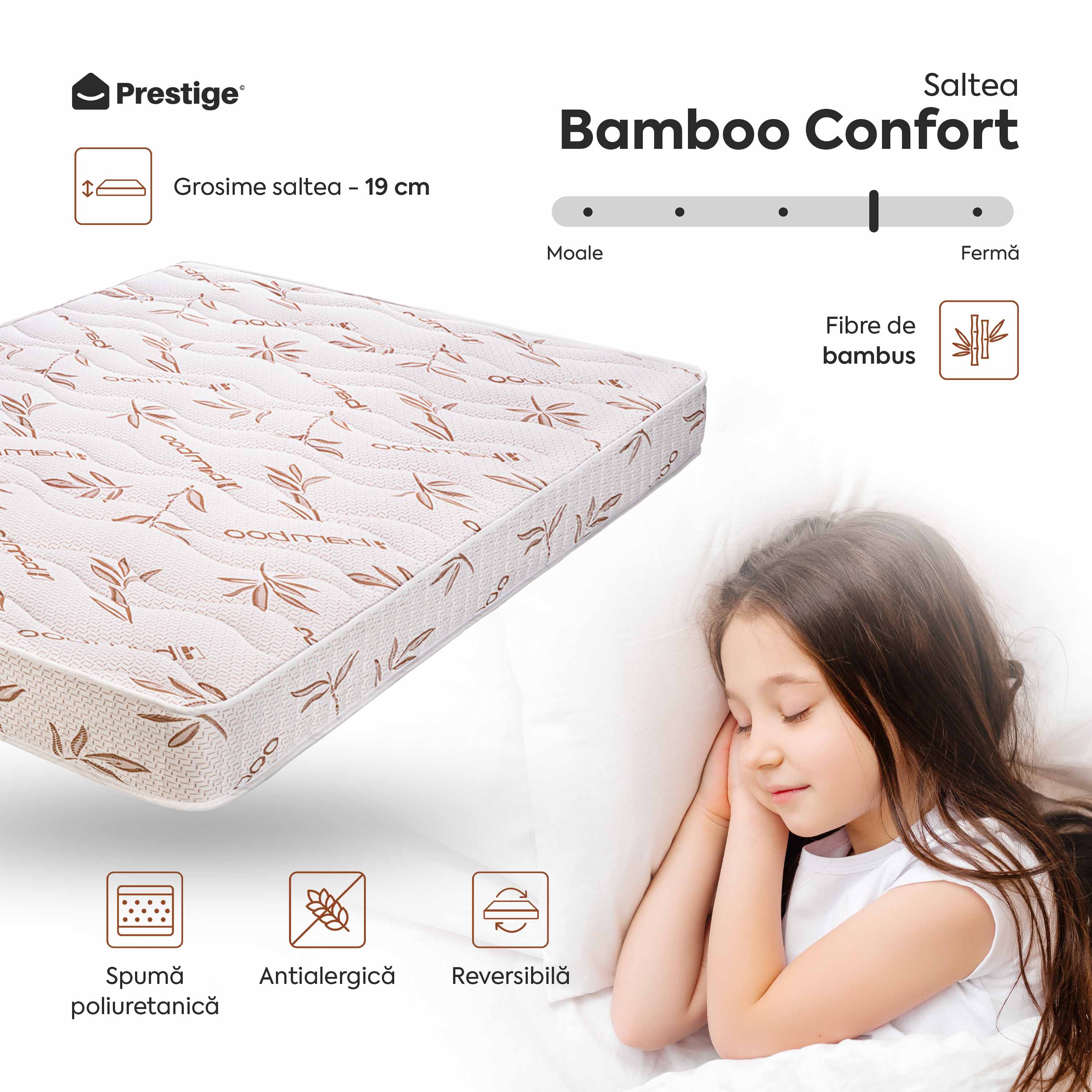 Saltea BAMBOO CONFORT, spumă poliuretanică, reversibilă, hipoalergenică, super ortopedică, Grosime 19 cm  - Prestige Home