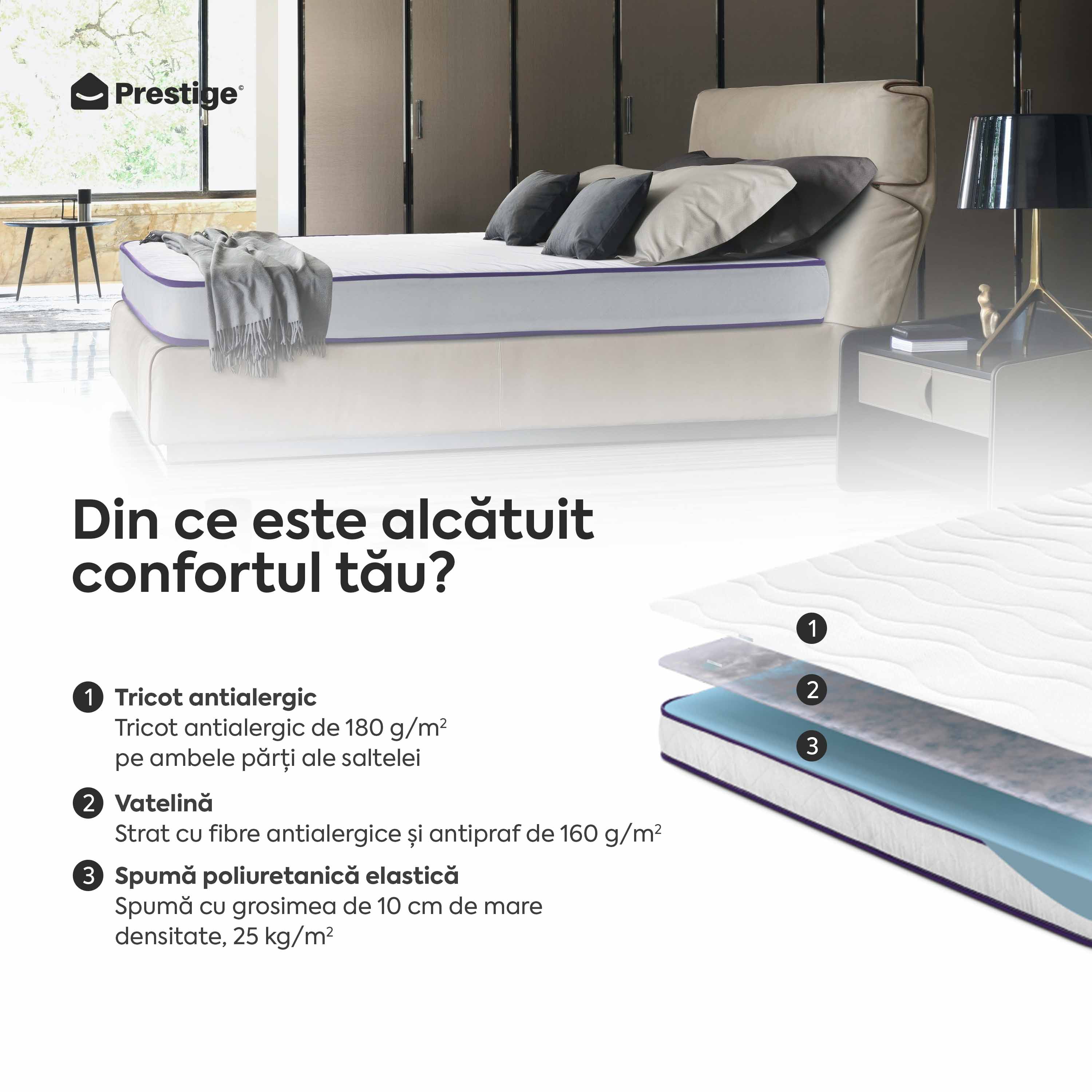 Saltea BASIC ERGO PURPLE LINE, spumă poliuretanică, reversibilă, hipoalergenică, ortopedică, Grosime 12 cm - Prestige Home