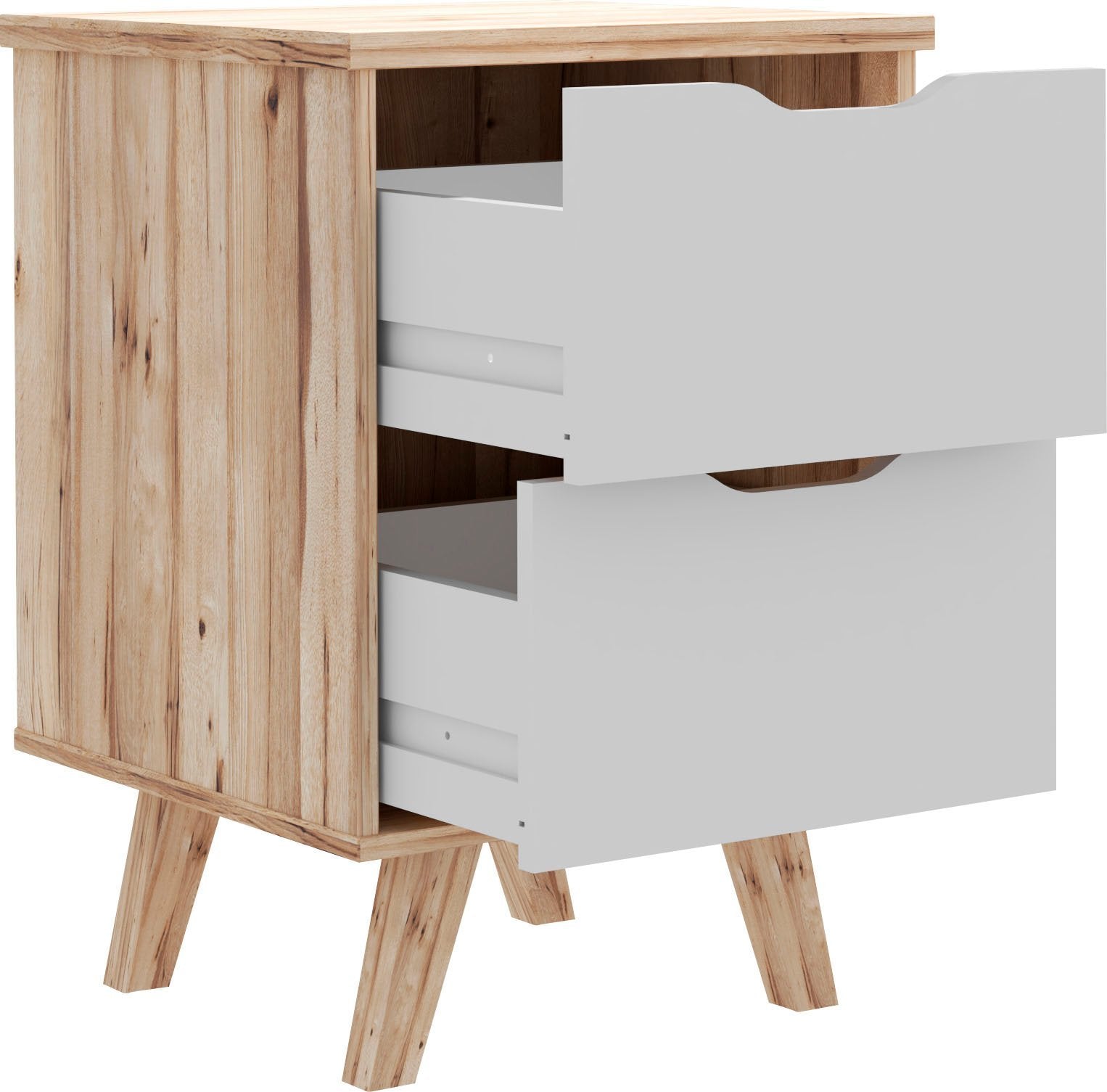 Noptieră Vankka scandinavă, alb/lemn, 45×64×42 cm, cu sertar Arboteca