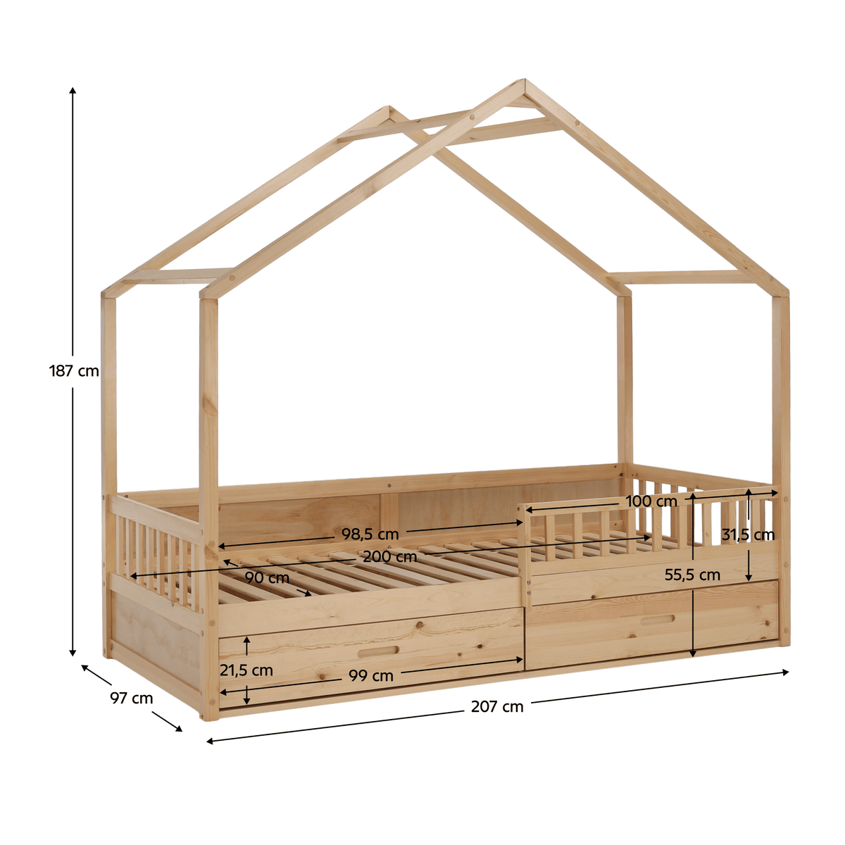Pat Montessori FLORAC, 90x200, natural, masiv, pin masiv, 207x97x187 cm Kondela