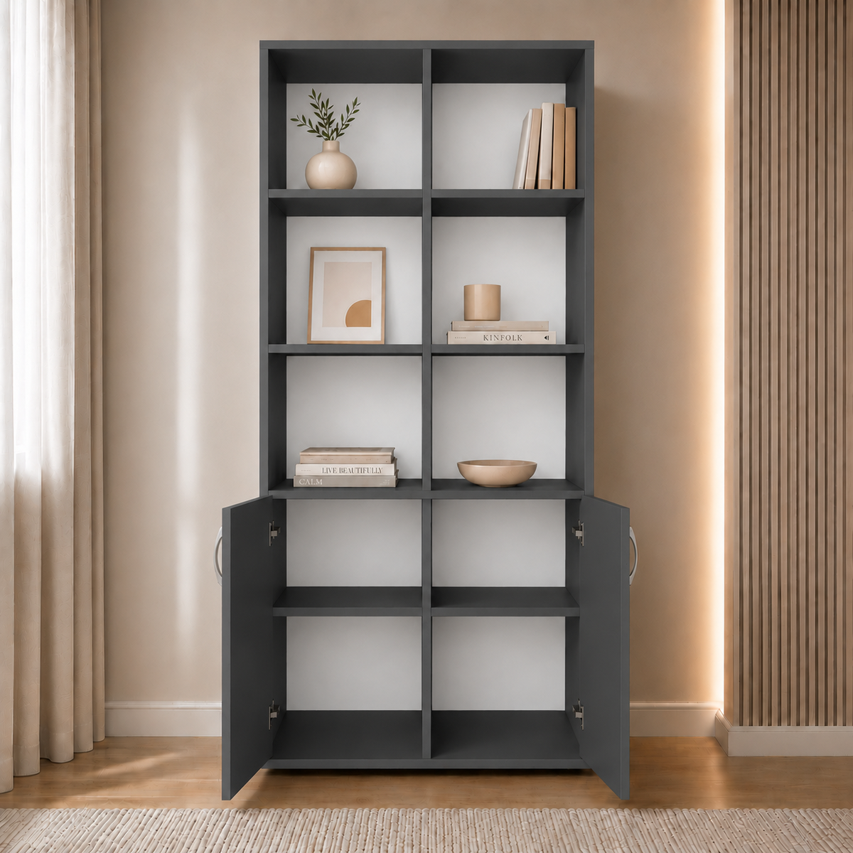 Bibliotecă VARENNA cu 2 uși și 6 rafturi, antracit, PAL melaminat, 90x40x190 cm Arboteca