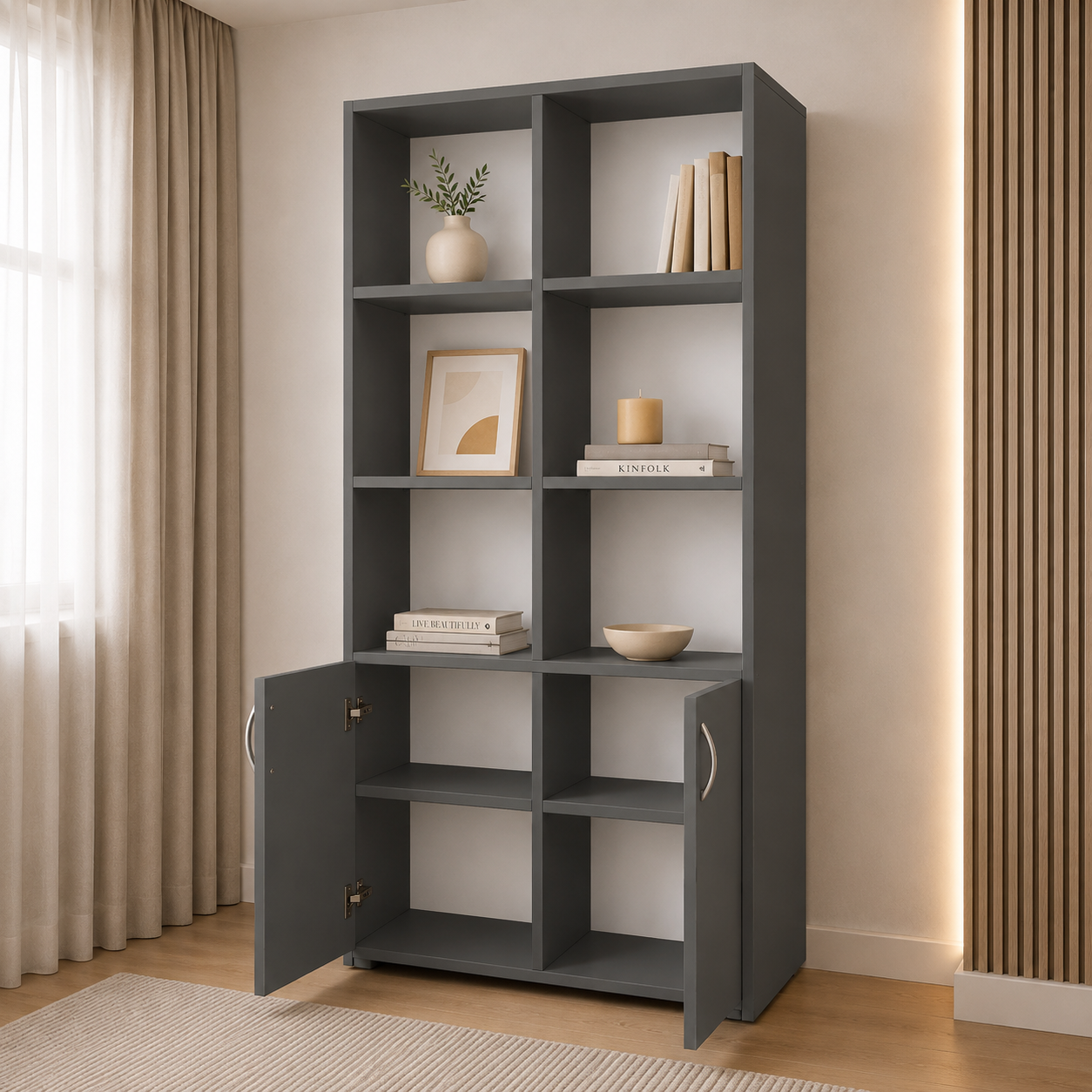 Bibliotecă VARENNA cu 2 uși și 6 rafturi, antracit, PAL melaminat, 90x40x190 cm Arboteca