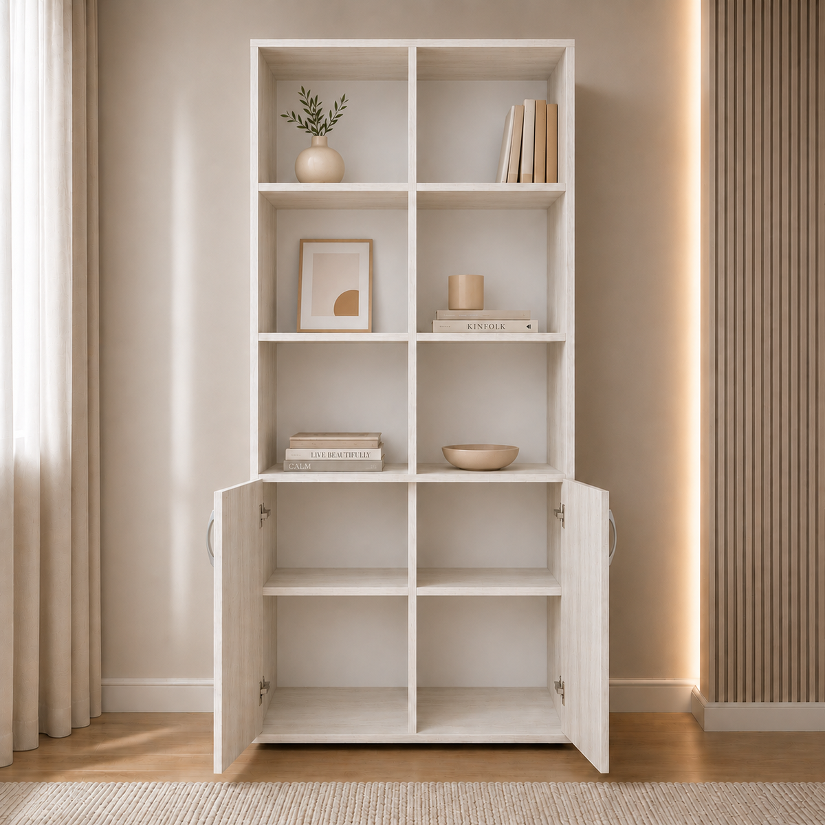 Bibliotecă VARENNA cu 2 uși și 6 rafturi, stejar alb, PAL melaminat, 90x40x190 cm Arboteca