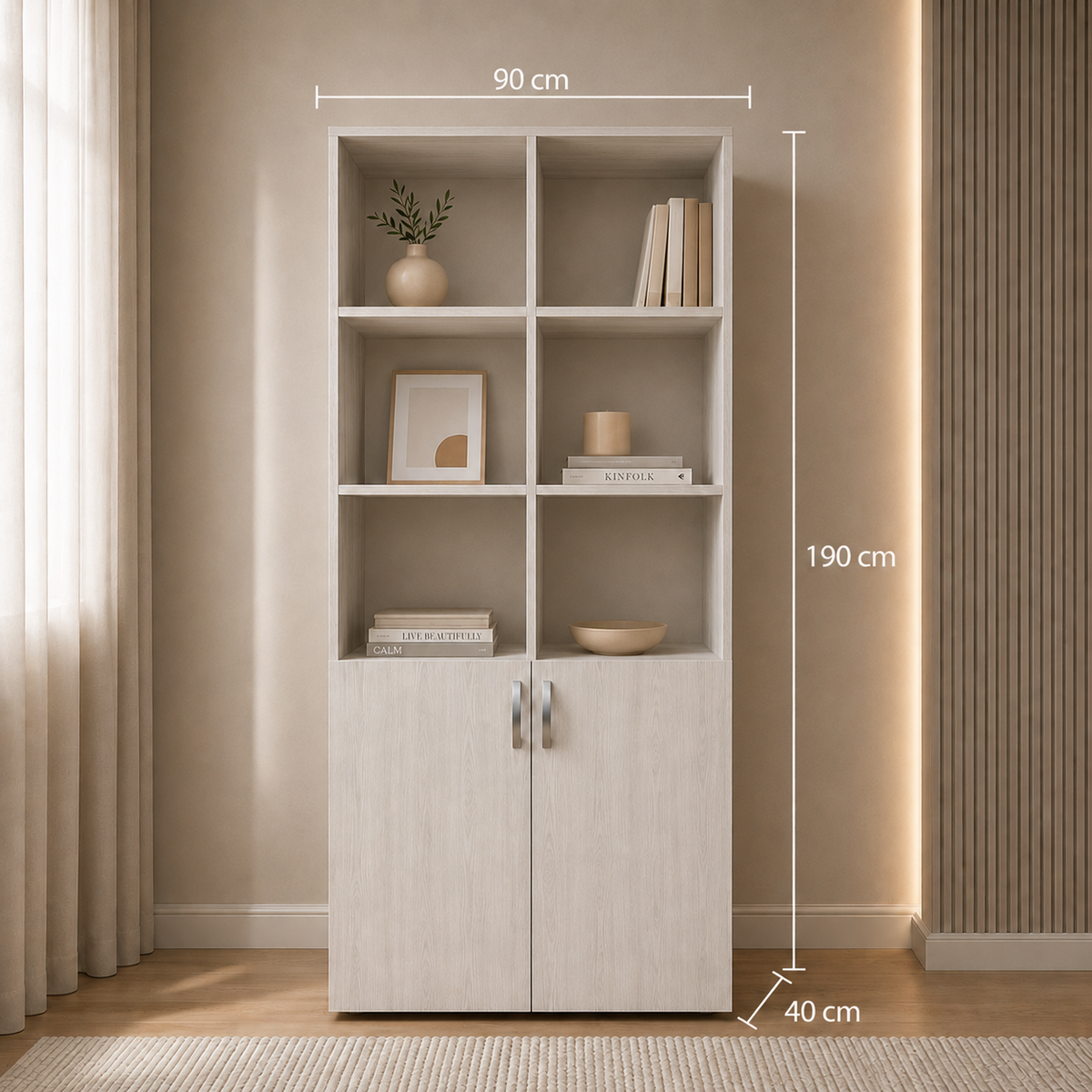 Bibliotecă VARENNA cu 2 uși și 6 rafturi, stejar alb, PAL melaminat, 90x40x190 cm Arboteca