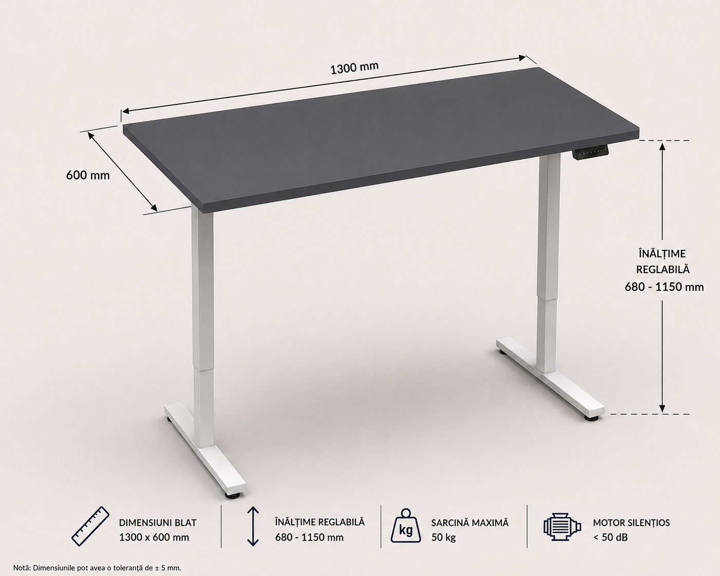Birou LAZISE antracit cu înălțime reglabilă electric, blat 3,6 cm, 130x60x68-115 cm Arboteca