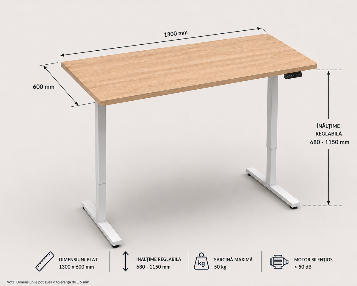 Birou LAZISE sonoma cu înălțime reglabilă electric, blat 3,6 cm, 130x60x68-115 cm Arboteca