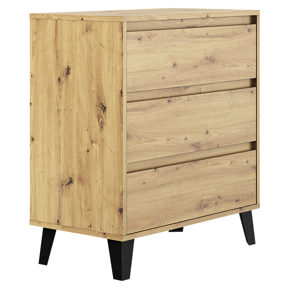 Comodă cu 3 sertare BOGAN NEW, stejar artisan, fără mânere, 70 cm Kondela