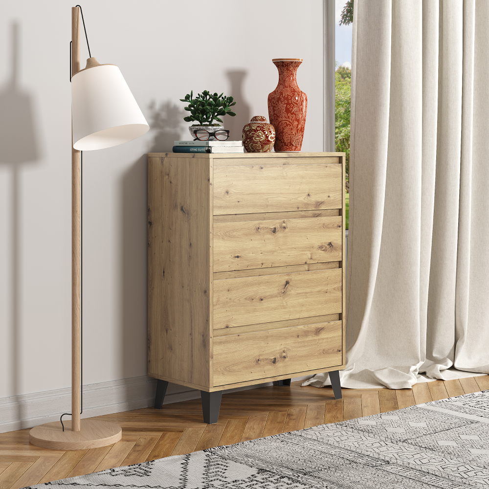 Comodă cu 4 sertare BOGAN NEW, stejar artisan, fără mânere, 70 cm Kondela