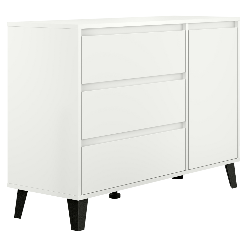 Comodă BOGAN NEW, albă, 1 ușă și 3 sertare, 110 cm Kondela