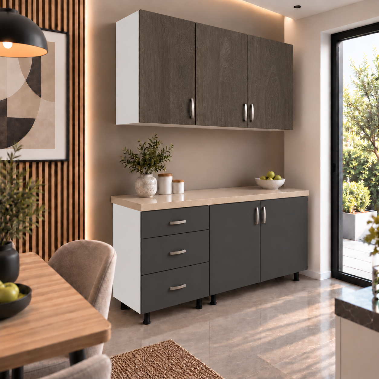 Bucătărie SALAMANCA 1,2 m, alb, antracit și coffee oak, PAL 18 mm, blat termorezistent 3,8 cm Arboteca