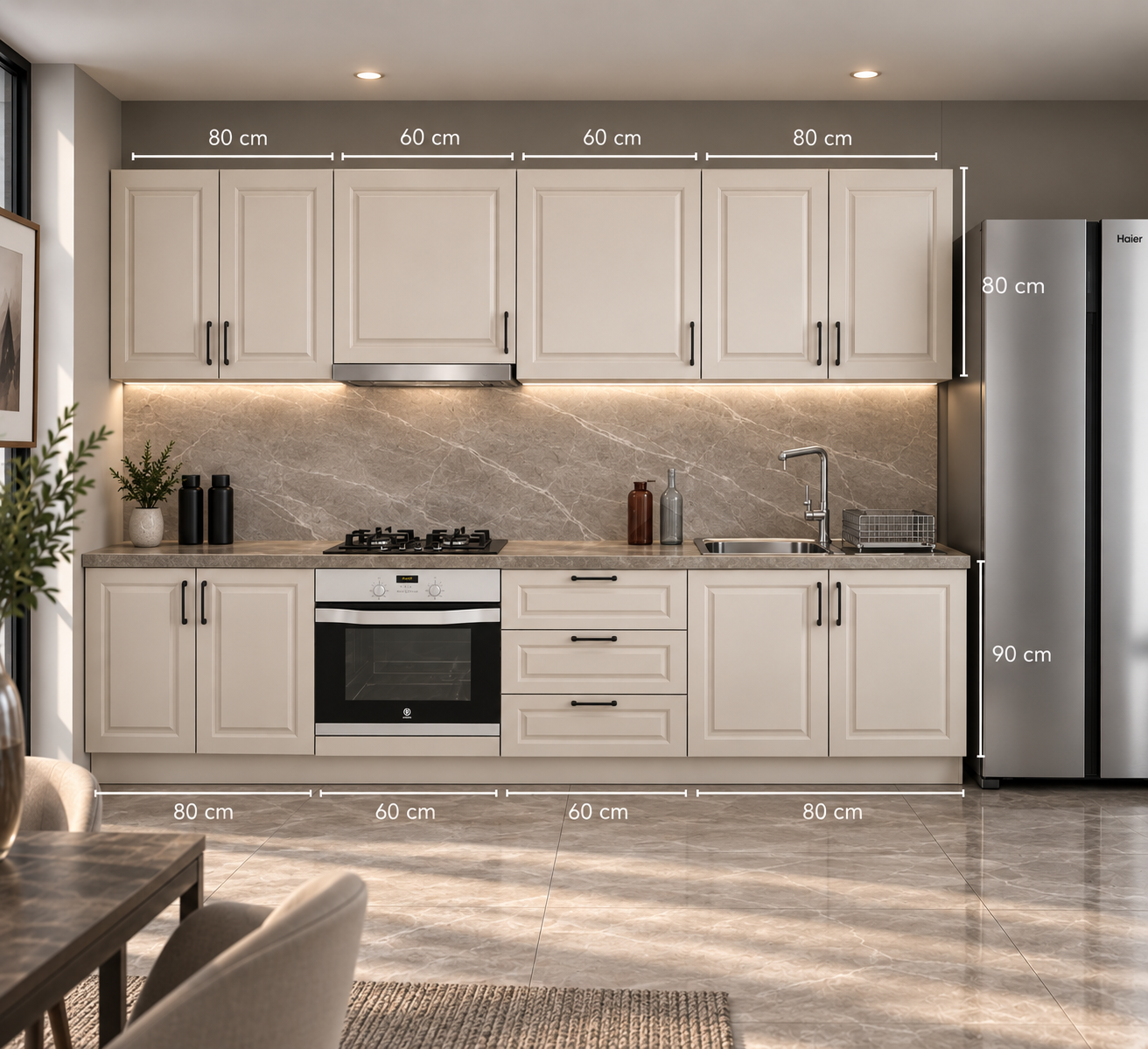 Bucătărie TARRAGONA 2,8 m, casmir, fronturi MDF frezat vopsit Arboteca