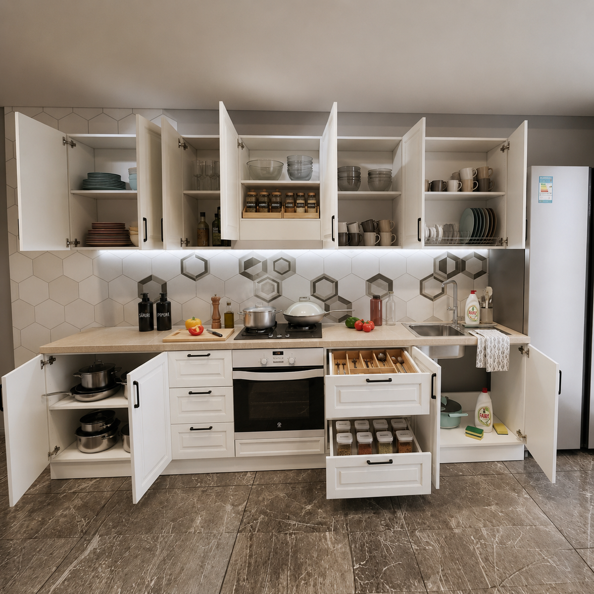Bucătărie TARRAGONA 3,2 m, alb murdar, fronturi MDF frezat vopsit Arboteca