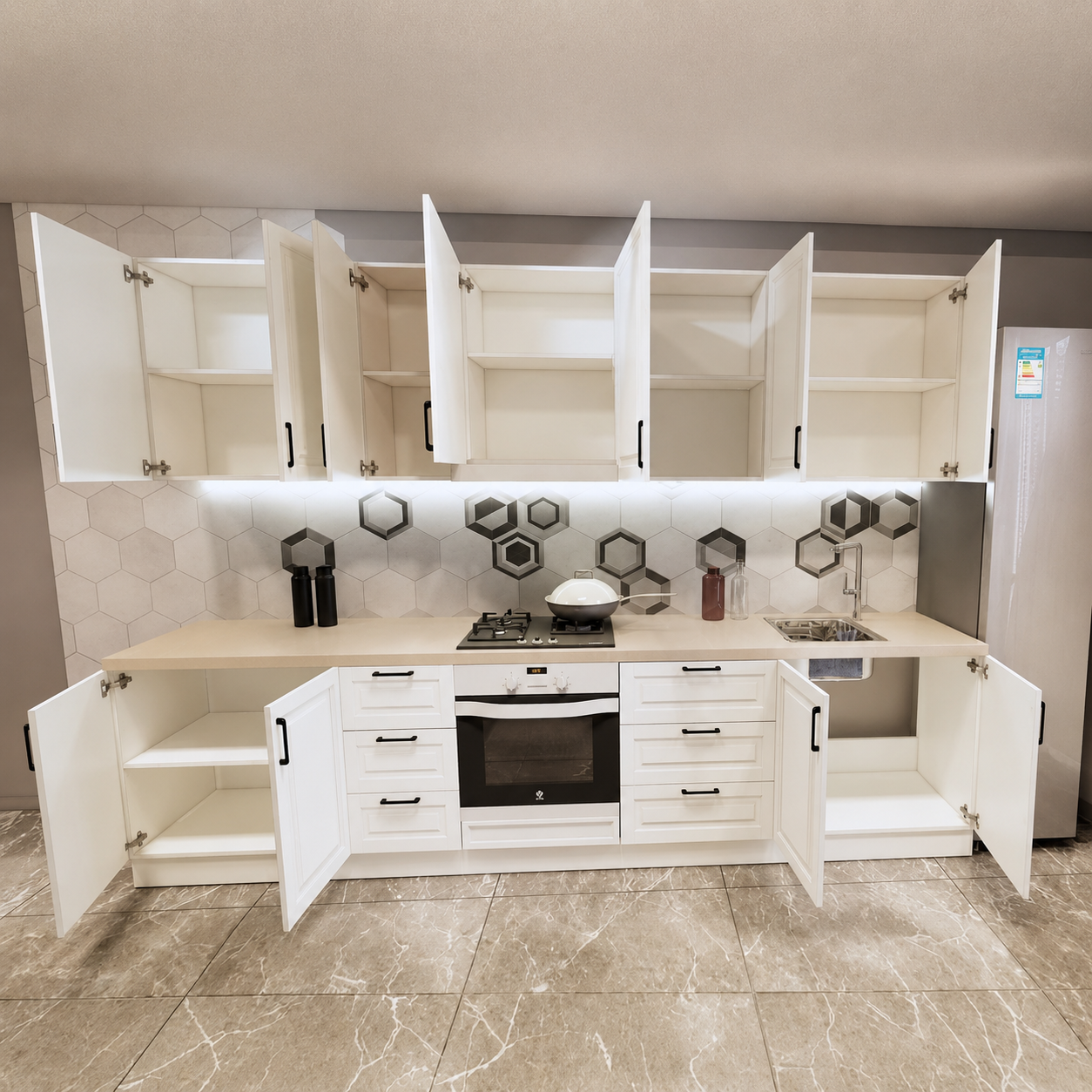 Bucătărie TARRAGONA 3,2 m, alb murdar, fronturi MDF frezat vopsit Arboteca
