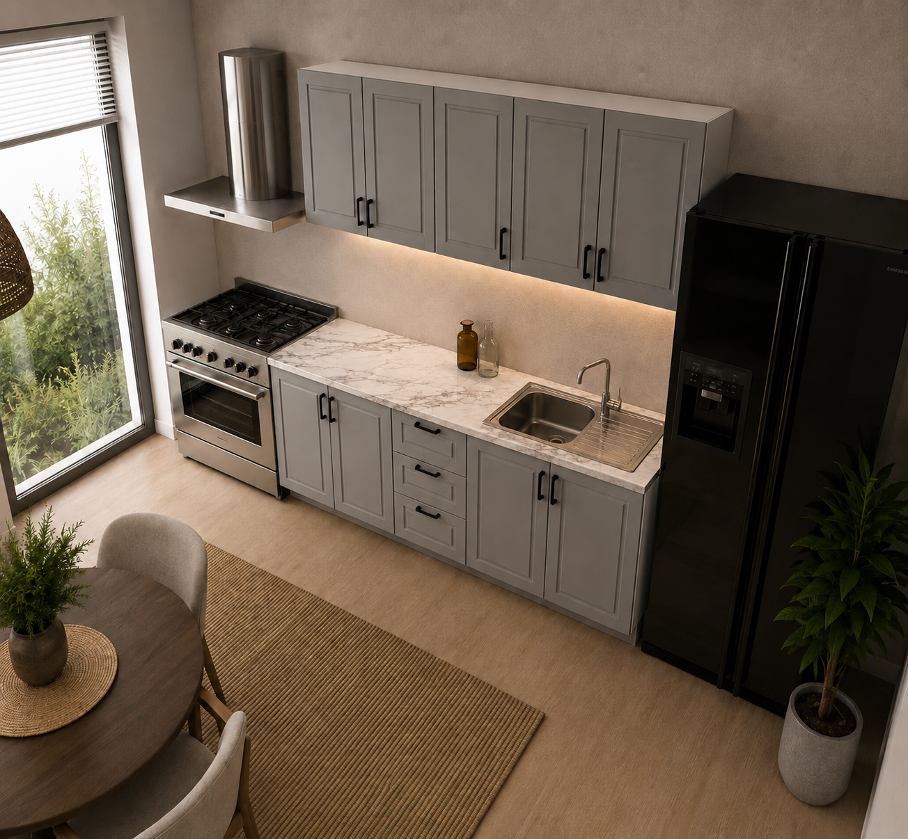 Bucătărie TERRACINA 2 m, gri, fronturi MDF frezat vopsit Arboteca