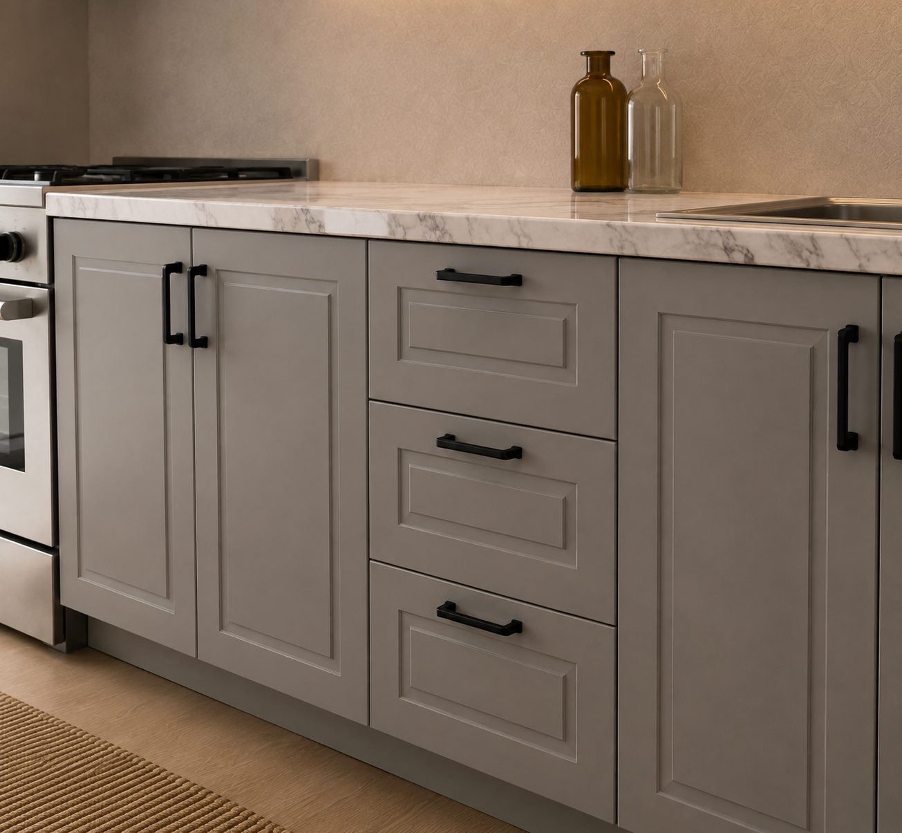 Bucătărie TERRACINA 2 m, gri, fronturi MDF frezat vopsit Arboteca