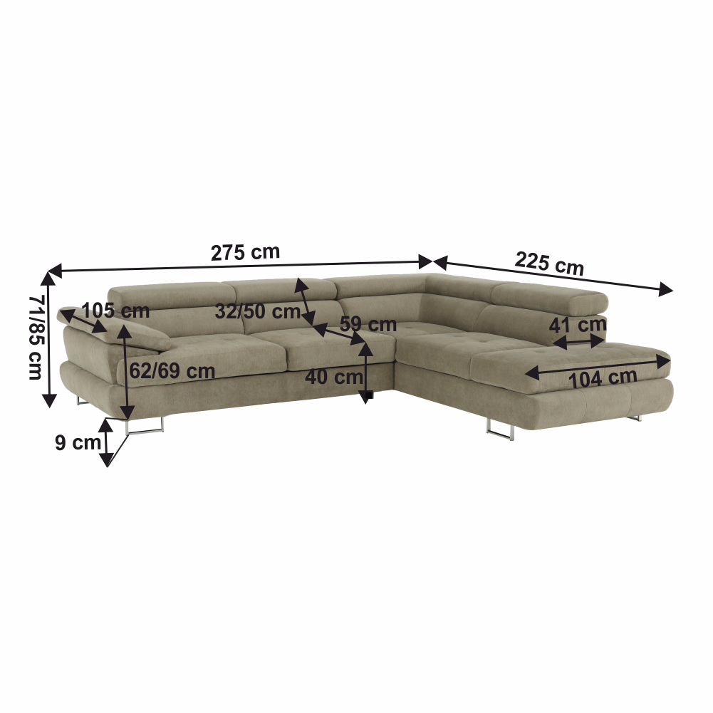 Set canapea COMO, maro deschis melanj, pe dreapta, 275x225x71 cm Kondela