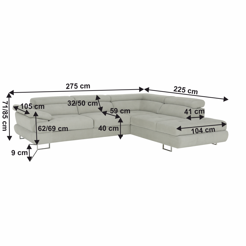Set canapea COMO, gri deschis, material textil, pe dreapta, 275x225x71 cm Kondela