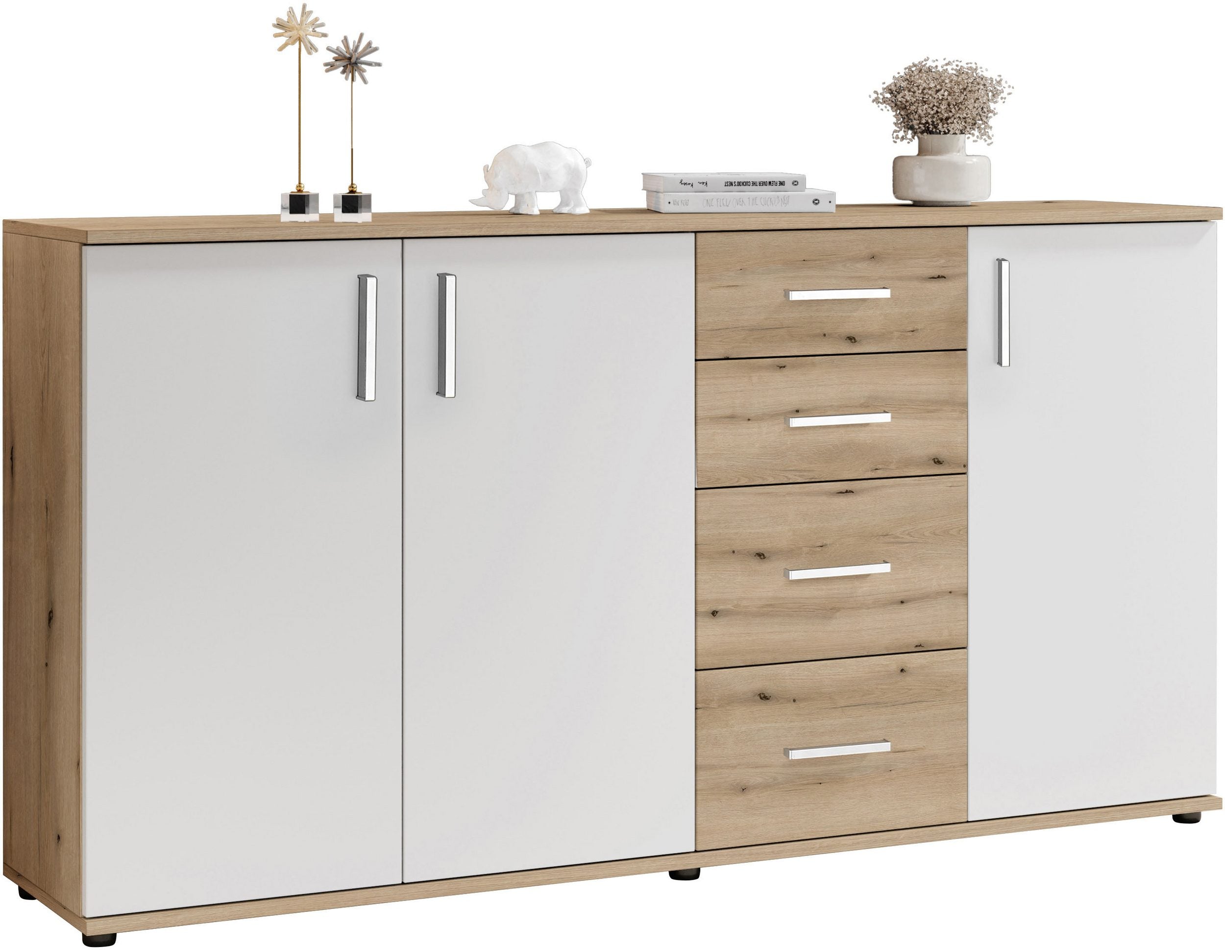 Comodă cu 3 uși și 4 sertare, Stejar Rustica / Alb, 160×84 cm Arboteca