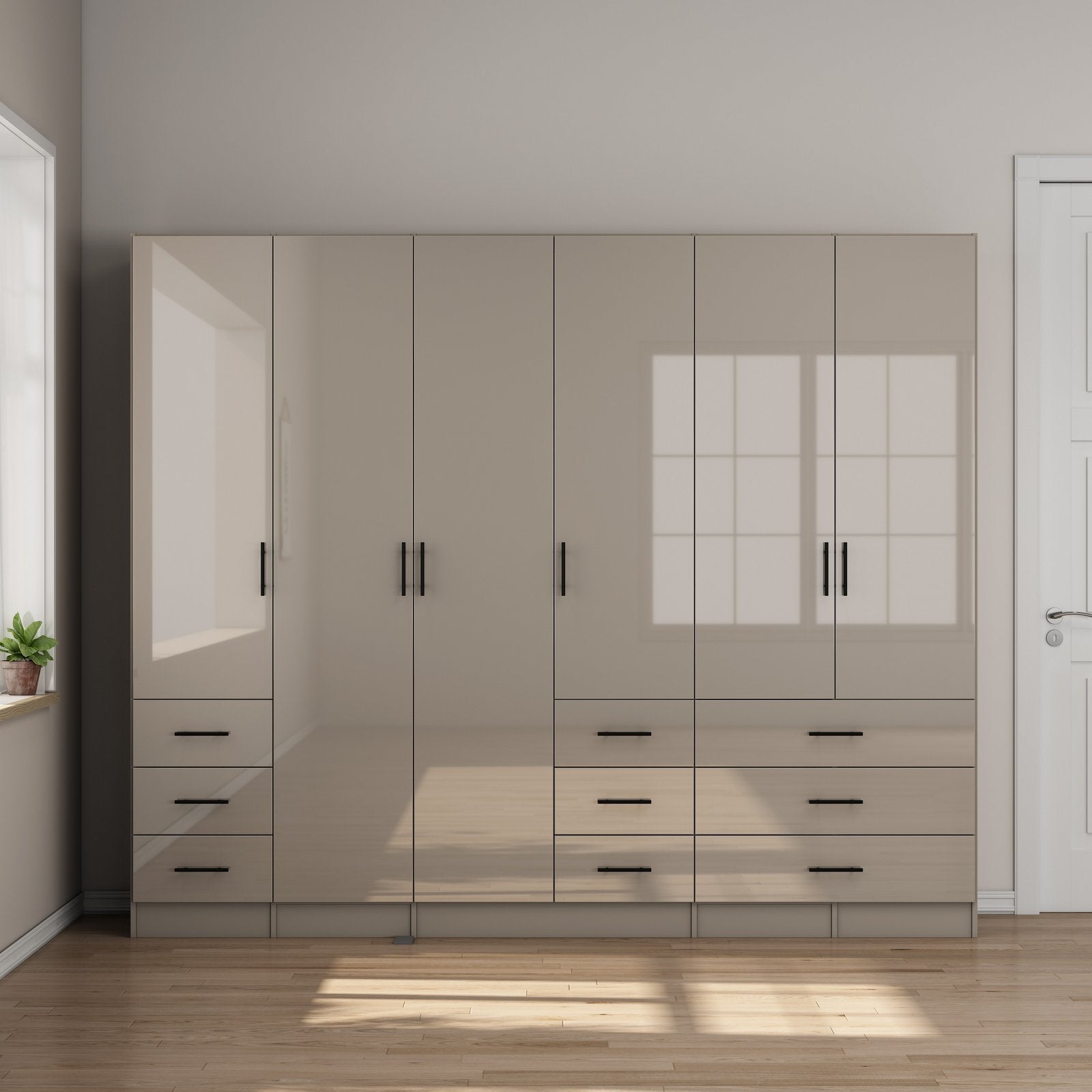 Dulap Trento cu 6 uși și 9 sertare, gri nisip lucios, 240×200×56 cm Arboteca
