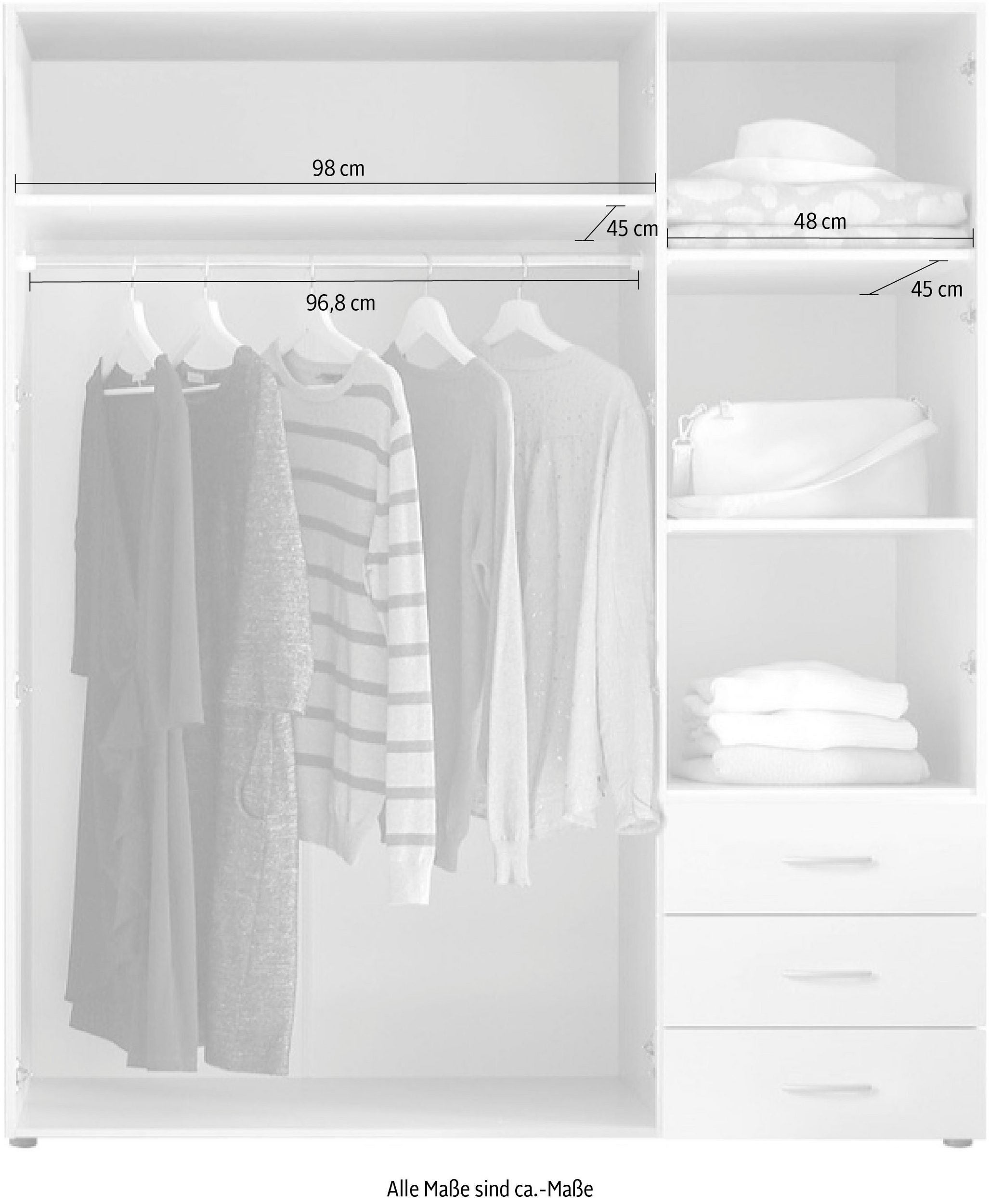 Dulap adancime mica Harry, 150x176 cm, alb, 3 uși rotative, 3 sertare, PAL melaminat Arboteca