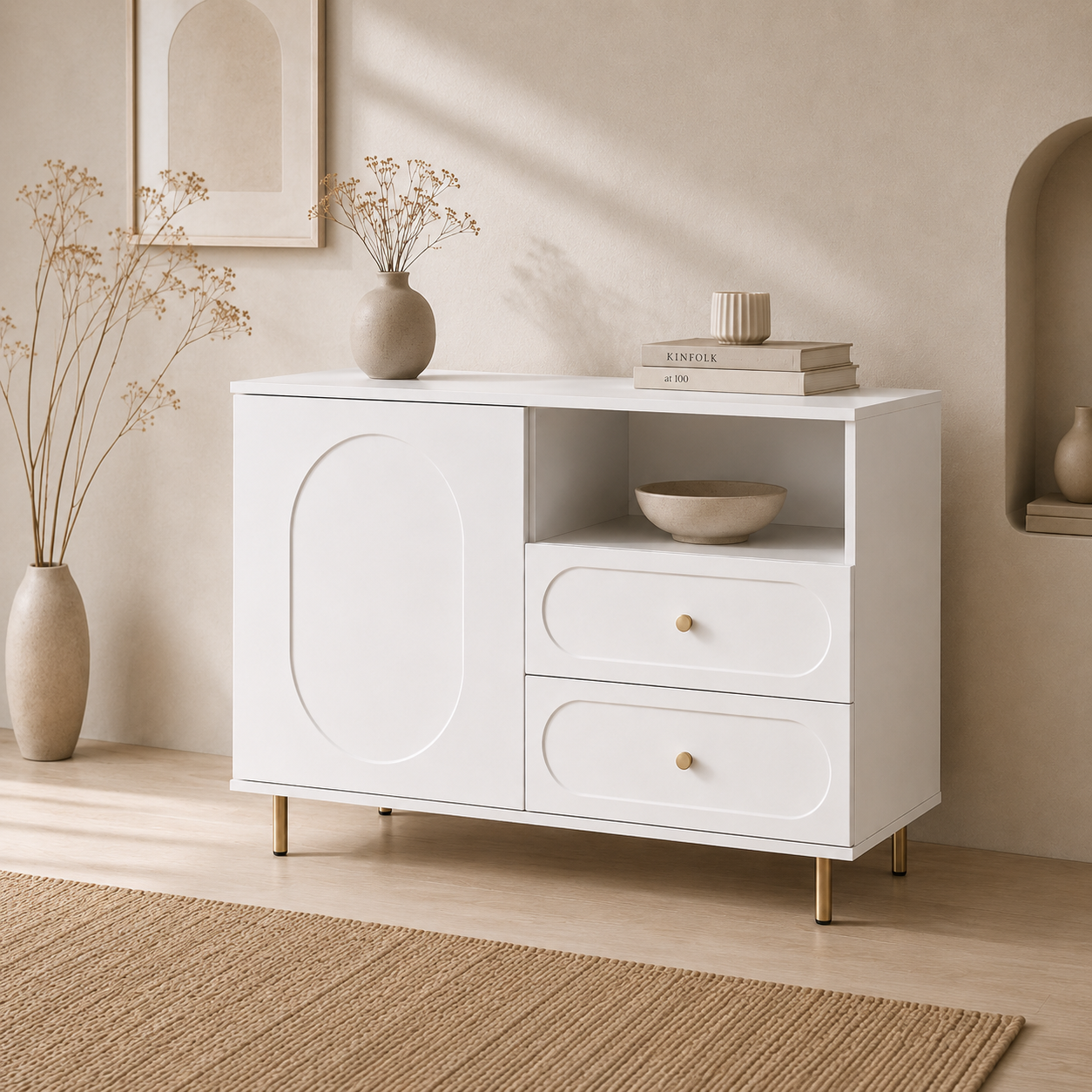 Comodă CORTONA albă cu 1 ușă și 2 sertare, MDF frezat oval vopsit, 105x40x80 cm Default Title Arboteca